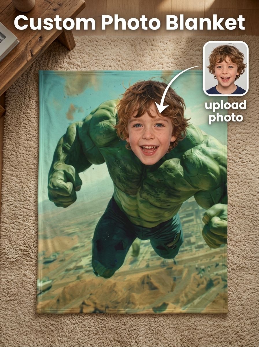 Custom Face Photo Flannel Throw Blanket Personalized Superhero Body Soft Warm Fleece Bed Couch Gift