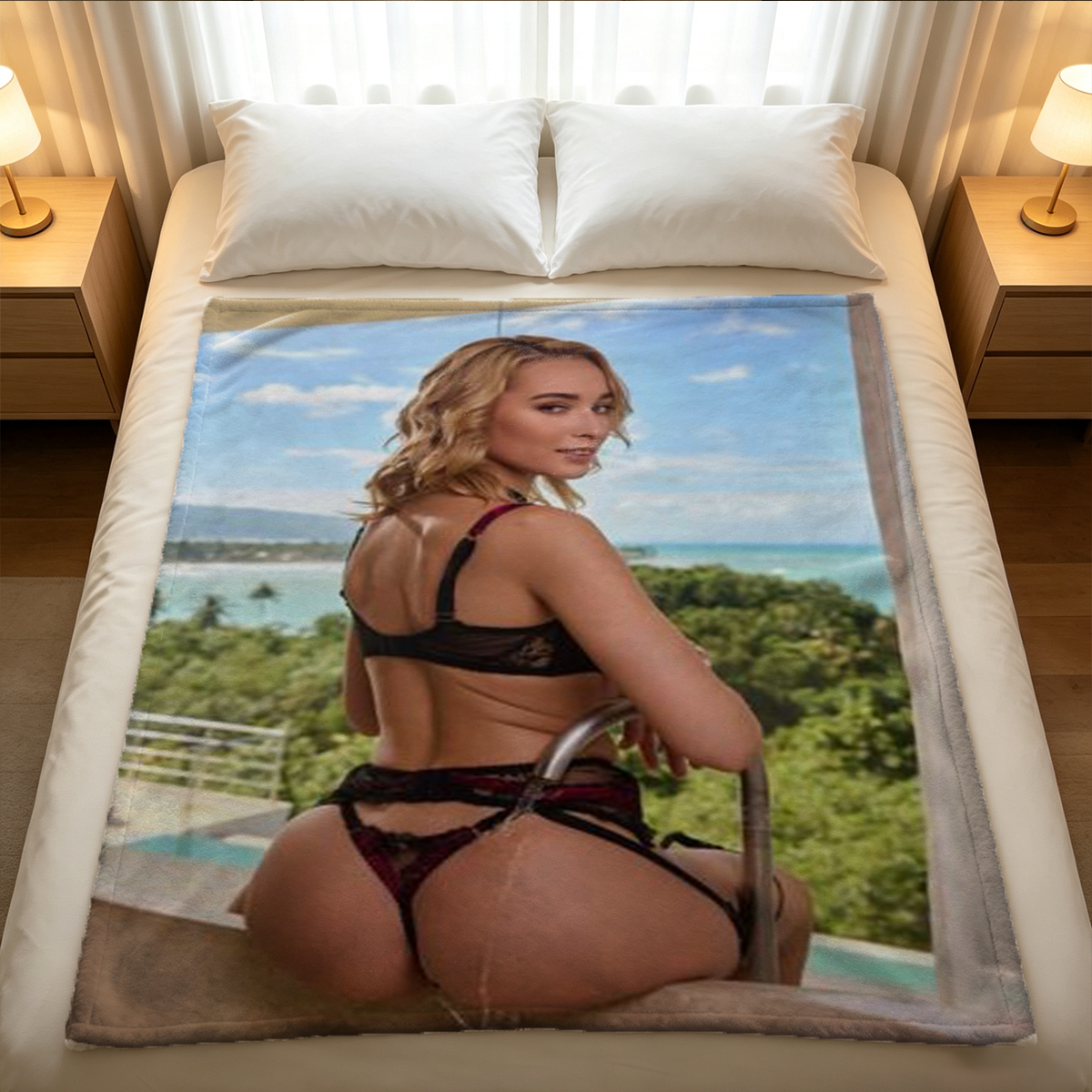 A beautiful Asian woman in pink lace lingerie kneeling seductively on a luxury hotel bed. - Blanket