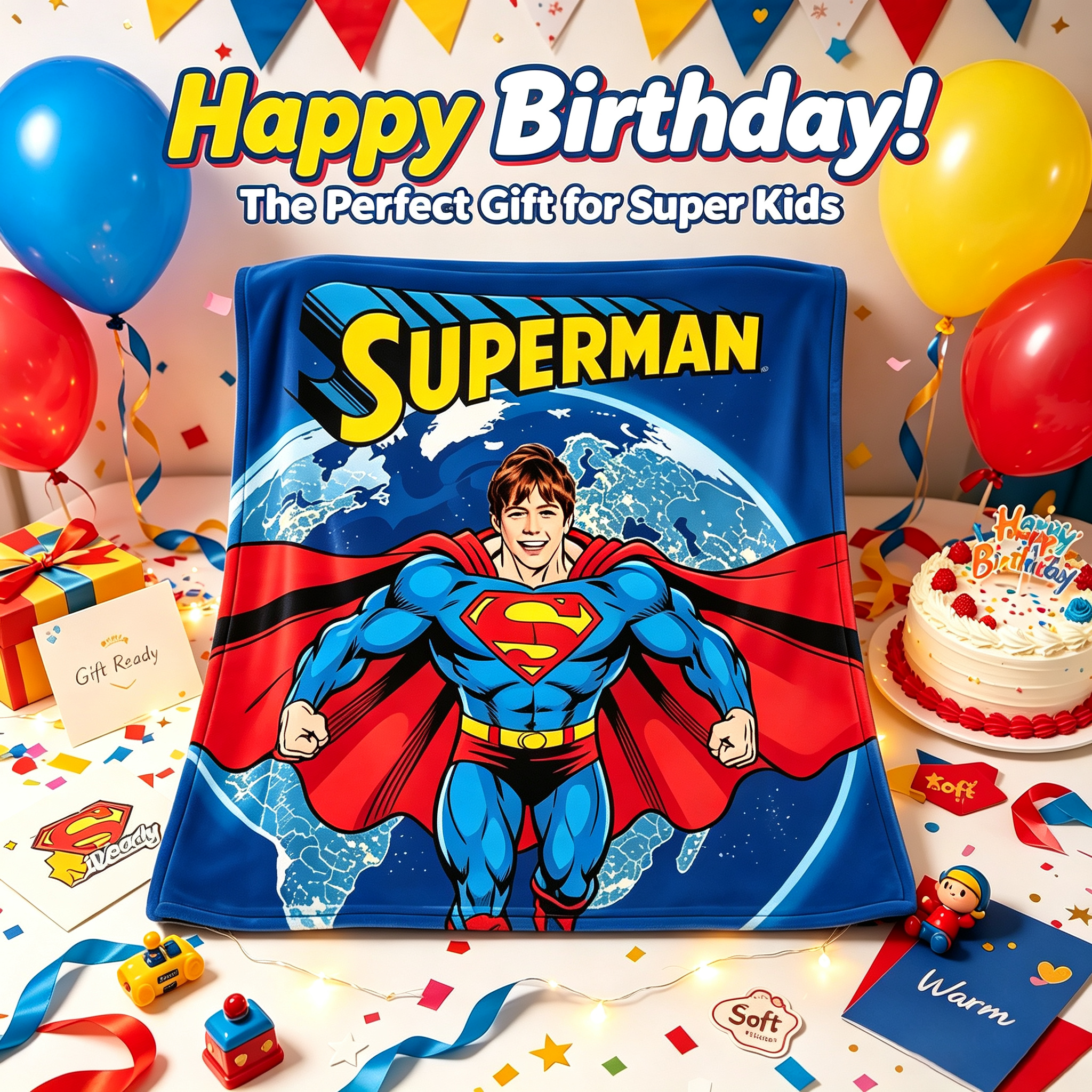 Personalized Superman Flannel Blanket, Custom Photo Superhero Throw Blanket For Kids Birthday Gift