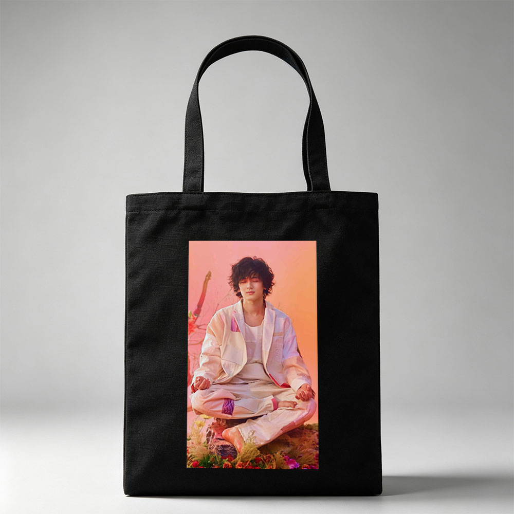 Takuya Kimura Meditating in a Serene Floral Garden with Soft Pink and Orange Background - Canvas tote bags