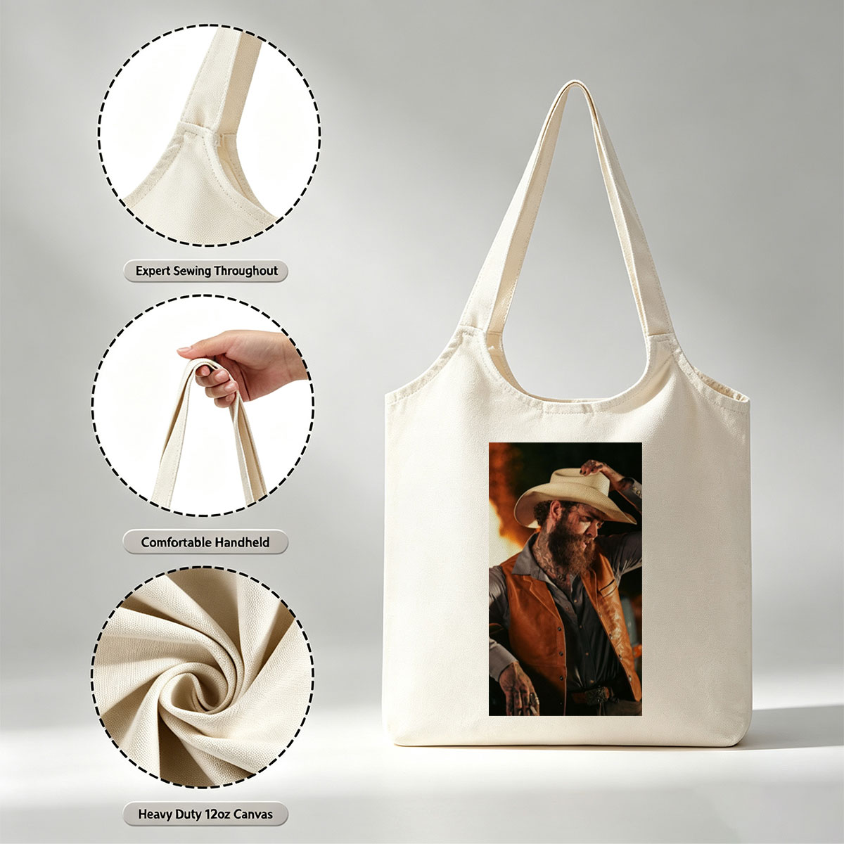 Post Malone in Cowboy Outfit Holding Hat with Fiery Background - Canvas shoulder bags/