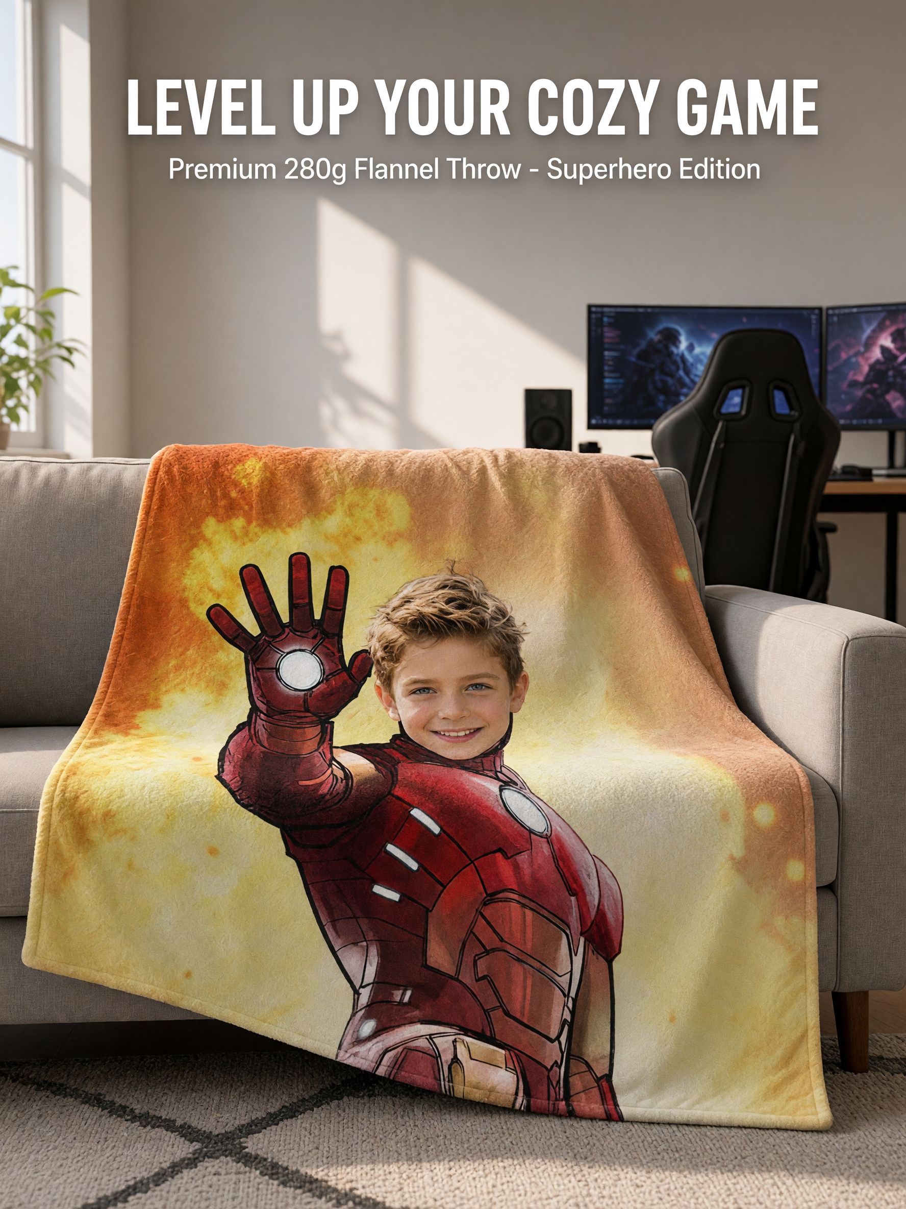 Custom Face Superhero Flannel Fleece Blanket, Personalized Photo Throw for Boys and Kids, Cozy Warm Bed and Couch Gift