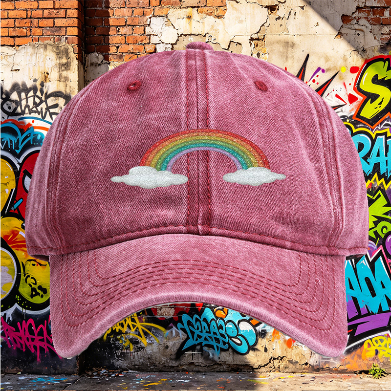 Unisex Classic Washed Cap with Glitter Rainbow and Cloud Print - Perfect for Casual Outings, Festivals, and Everyday Wear - Ideal for Youth and Adults Seeking Fun, Trendy Headwear