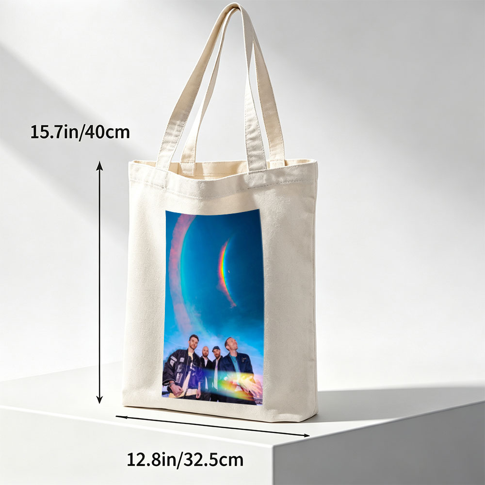 Coldplay in a Cosmic Scene with Rainbow Halo and Starry Sky Background - Canvas tote bags