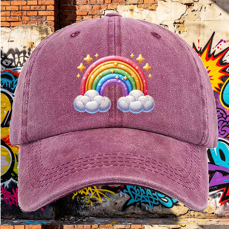 Men's Printed Washed Cap Rainbow Stars Clouds Design Casual Round Brim Summer Lightweight Hat for Outdoor Activities and Daily Wear, Suitable for Adults Seeking Fun and Comfortable Headwear
