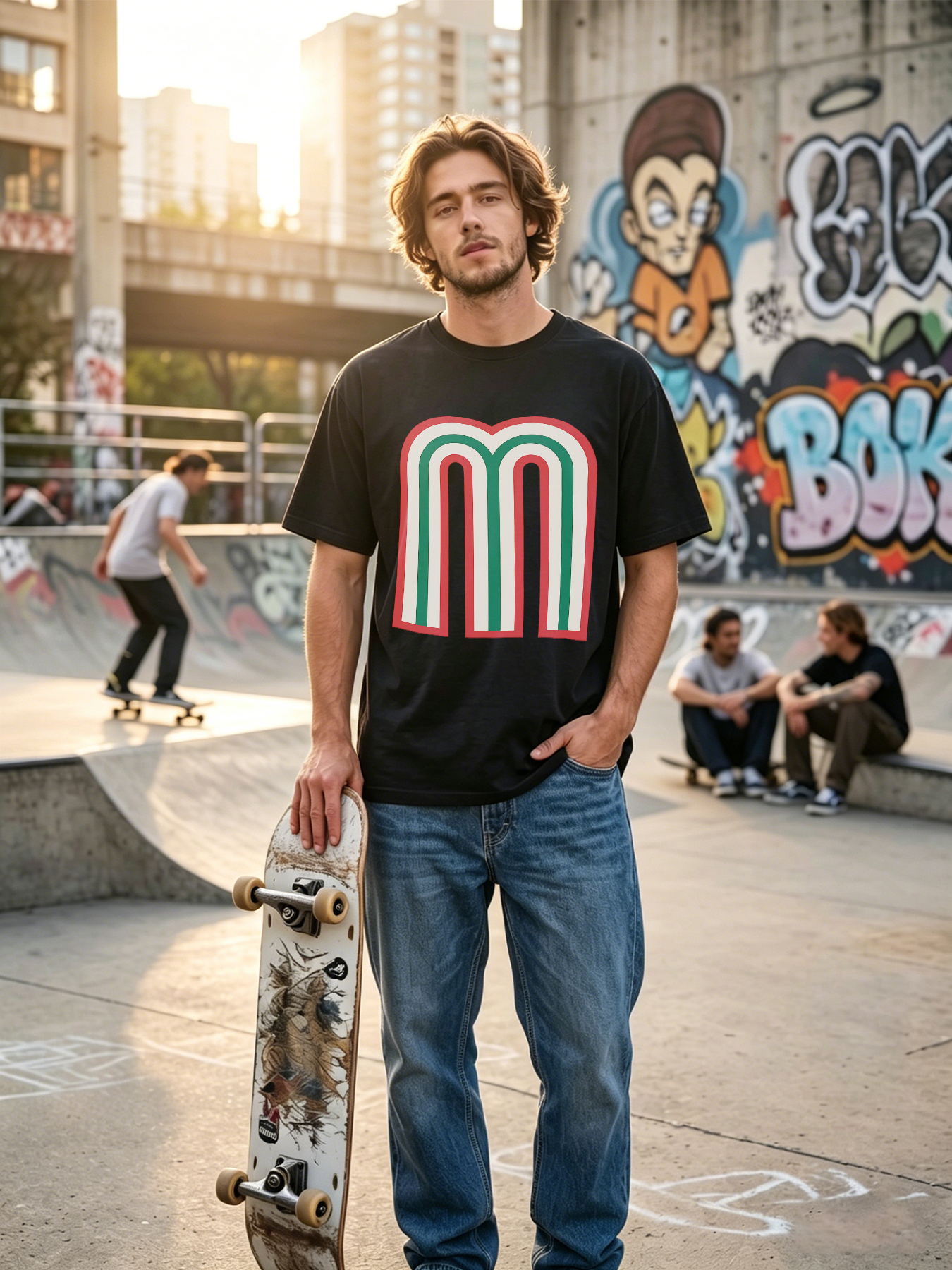 Men's Printed T-Shirt with Bold Geometric M Design in Red Green White Stripes, Casual Round Neck Lightweight Breathable Summer Short Sleeve Tee for Everyday Wear, Outdoor Activities, and Urban Style, Ideal for Young Adults and Fashion-Loving Men