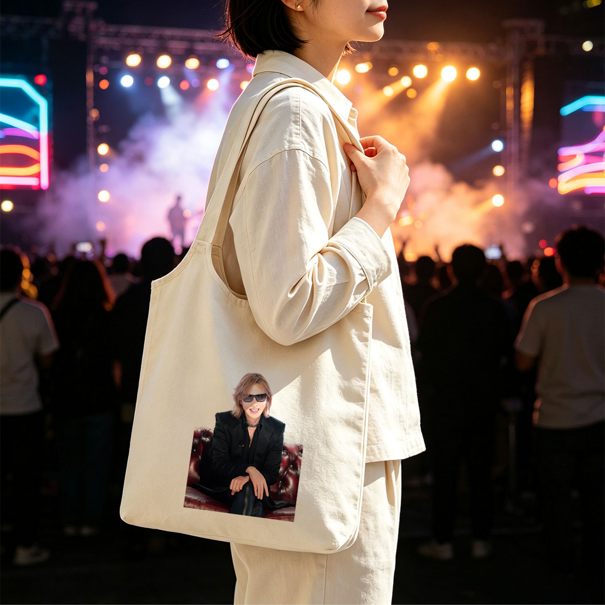 Yoshiki from X Japan Sitting on a Red Leather Couch Wearing Sunglasses and a Black Suit - Canvas shoulder bags/