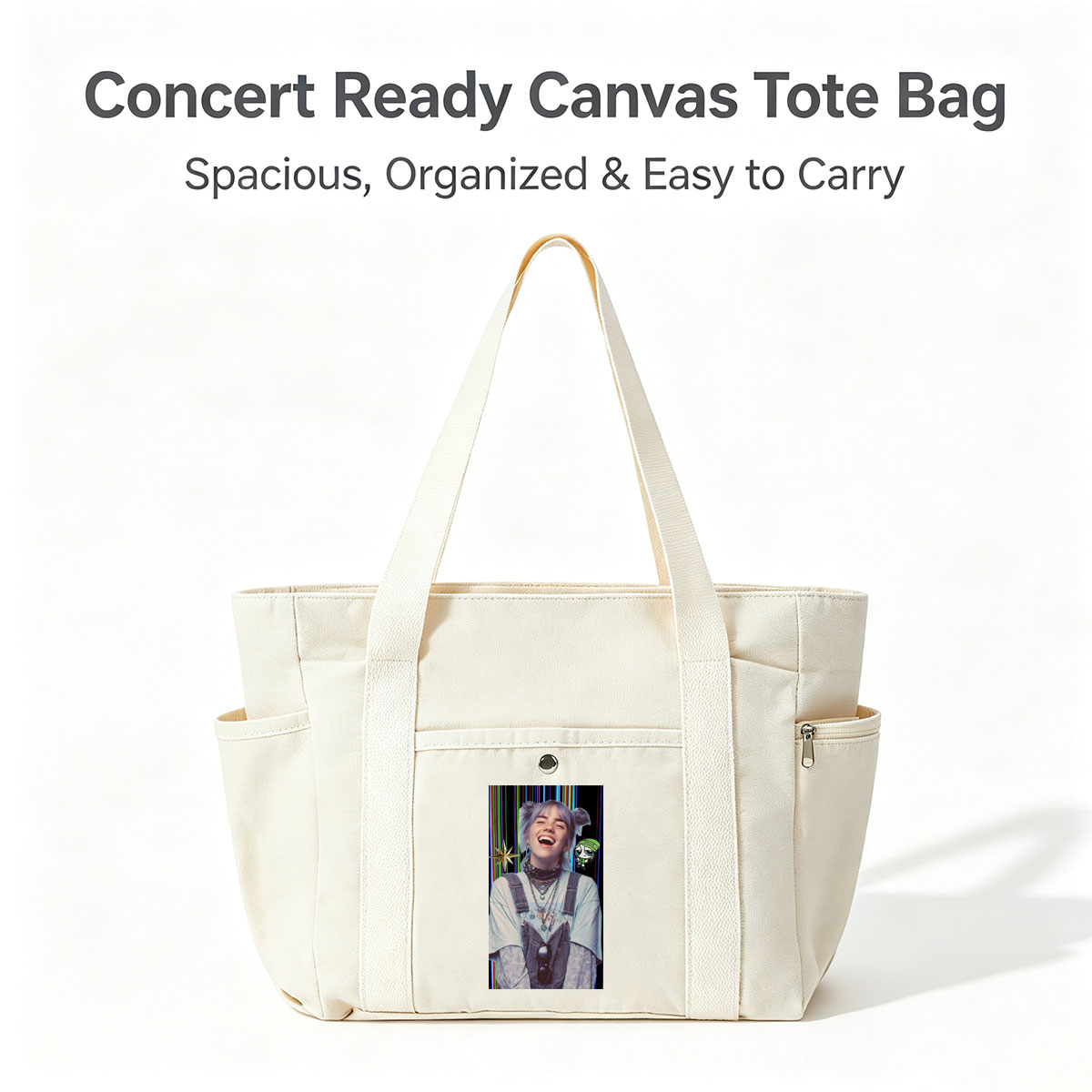 Billie Eilish Laughing in Overalls with Colorful Background and Cartoon Character Overlay - Multi-pocket bags