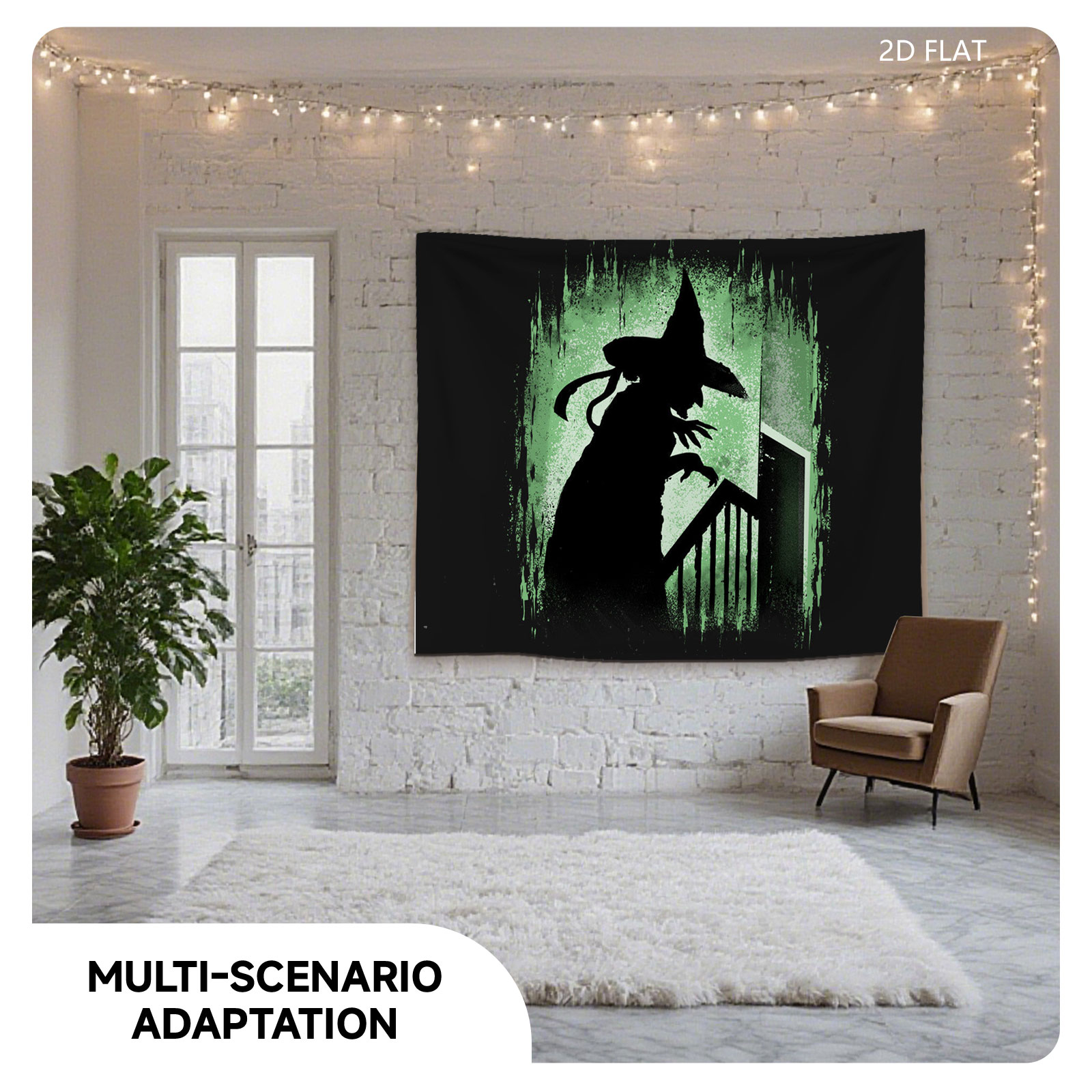 Silhouette of a Witch on Stairs in Green Glow - Tapestry