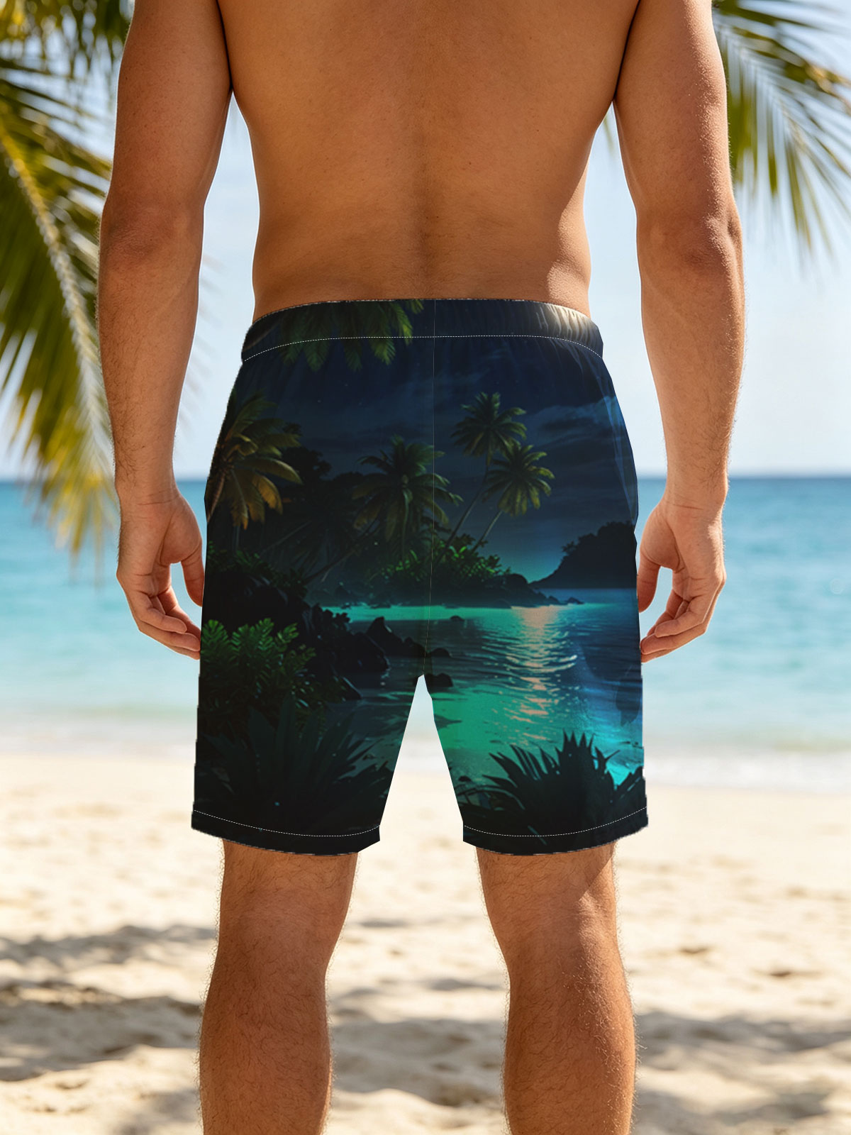 Moonlit Tropical Beach with Palm Trees and Glowing Water -  Beach shorts