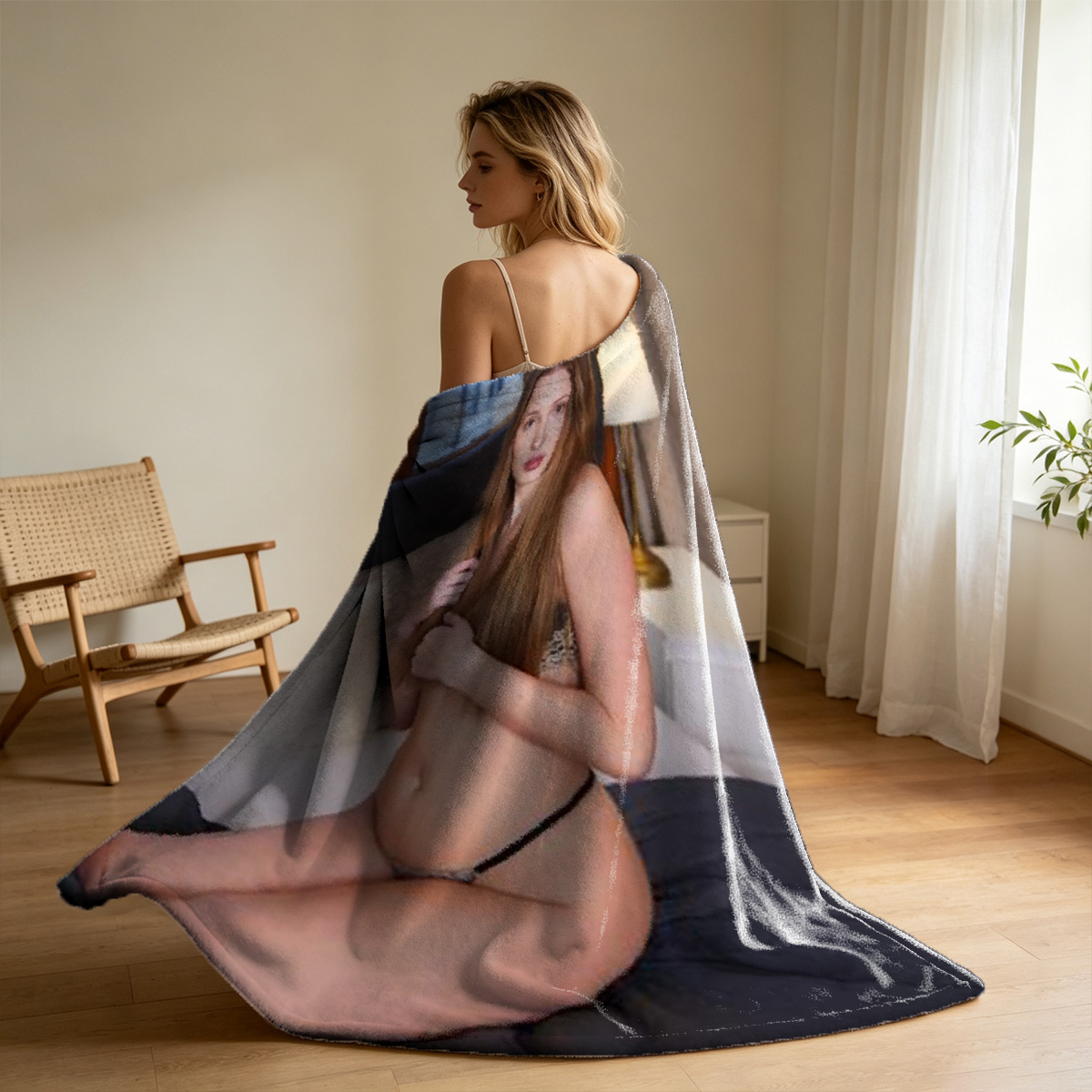 Dakota Johnson in sheer blue lingerie by the shower door. - Blanket