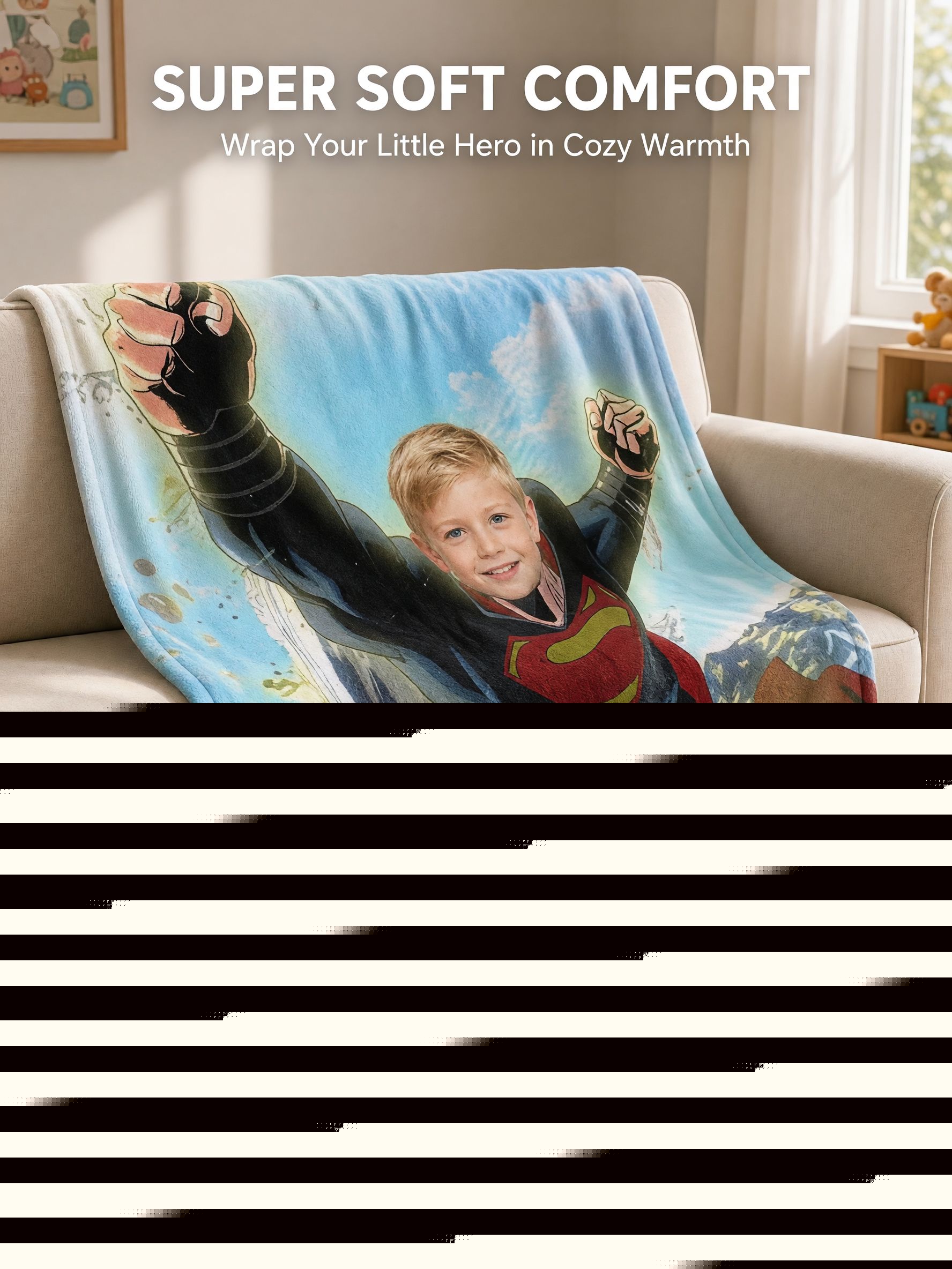 Custom Photo Superhero Flannel Fleece Throw Blanket, Personalized Ultra Soft Comic Hero Bedding for Kids and Adults