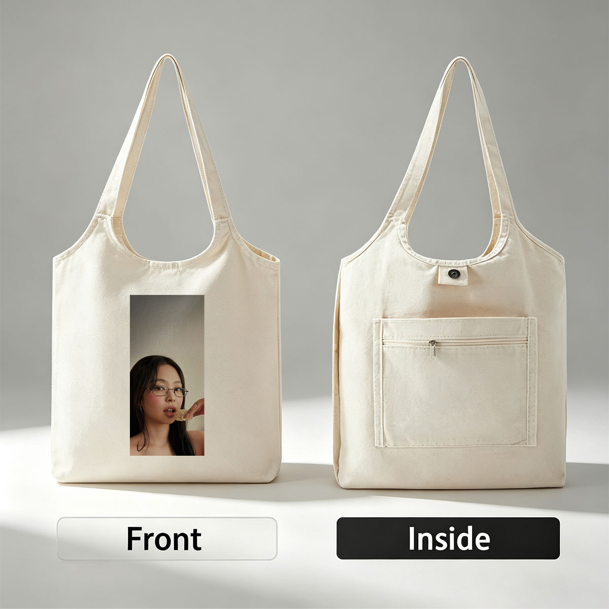 Jennie Kim Eating a Dumpling in a Minimalist Portrait - Canvas shoulder bags/