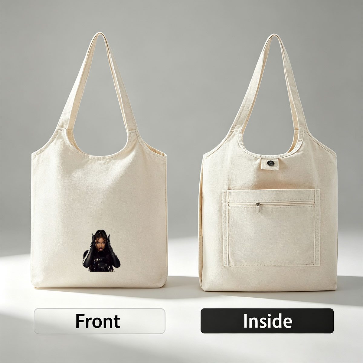 Megan Thee Stallion in a Bold Black Outfit with Hands on Head Against White Background - Canvas shoulder bags/