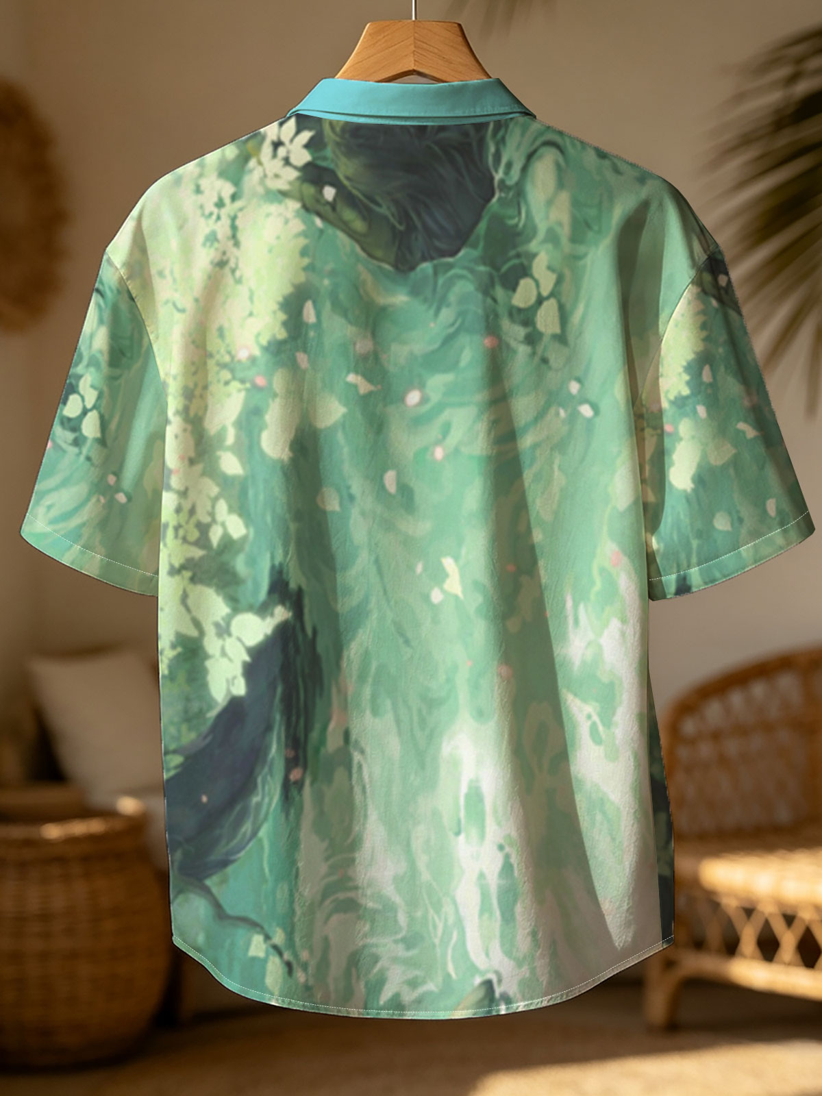 A woman floats gracefully in emerald waters, surrounded by blooming flowers and gentle ripples. -  Shirt