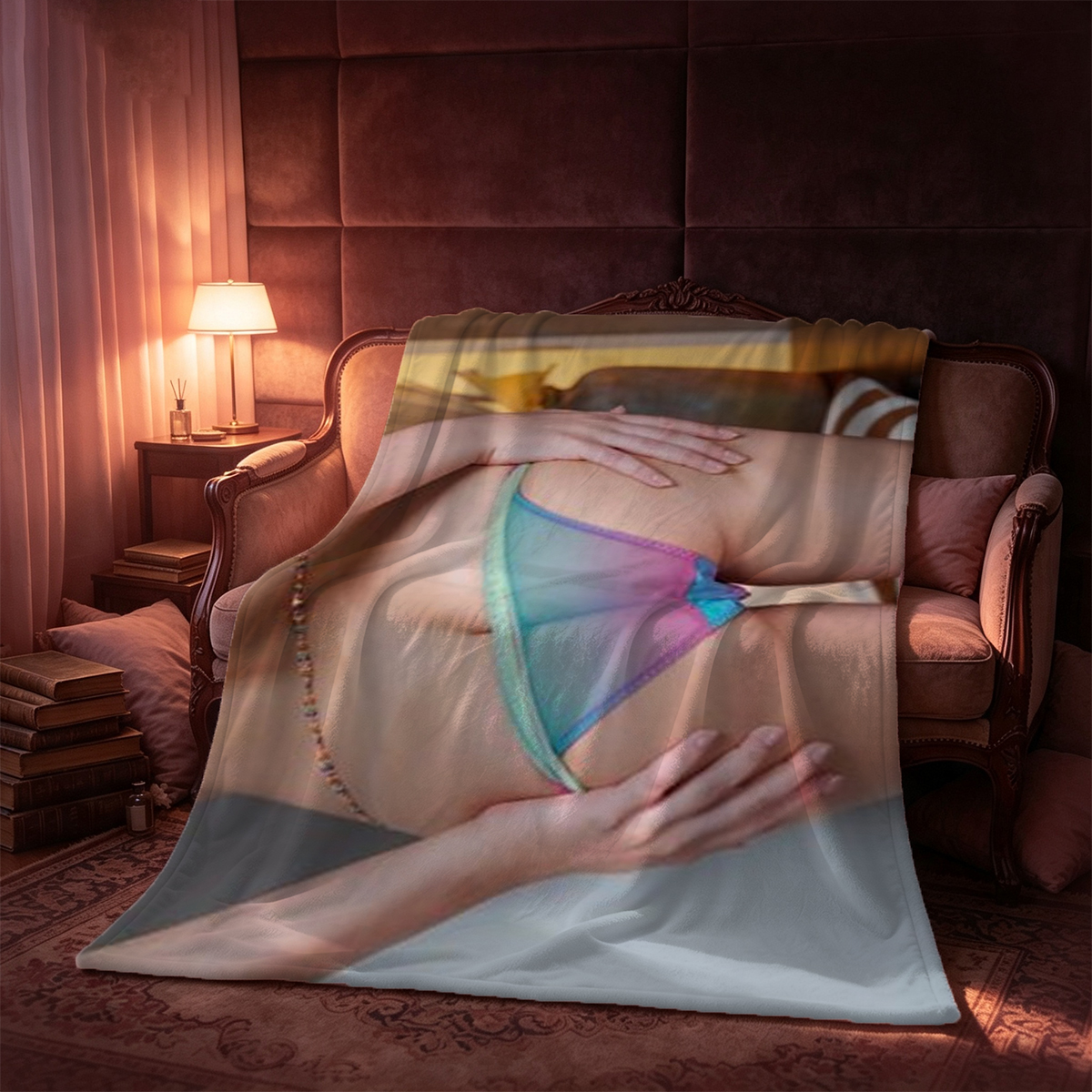 Aoi Tsukasa in light blue satin lingerie lying on a couch. - Blanket