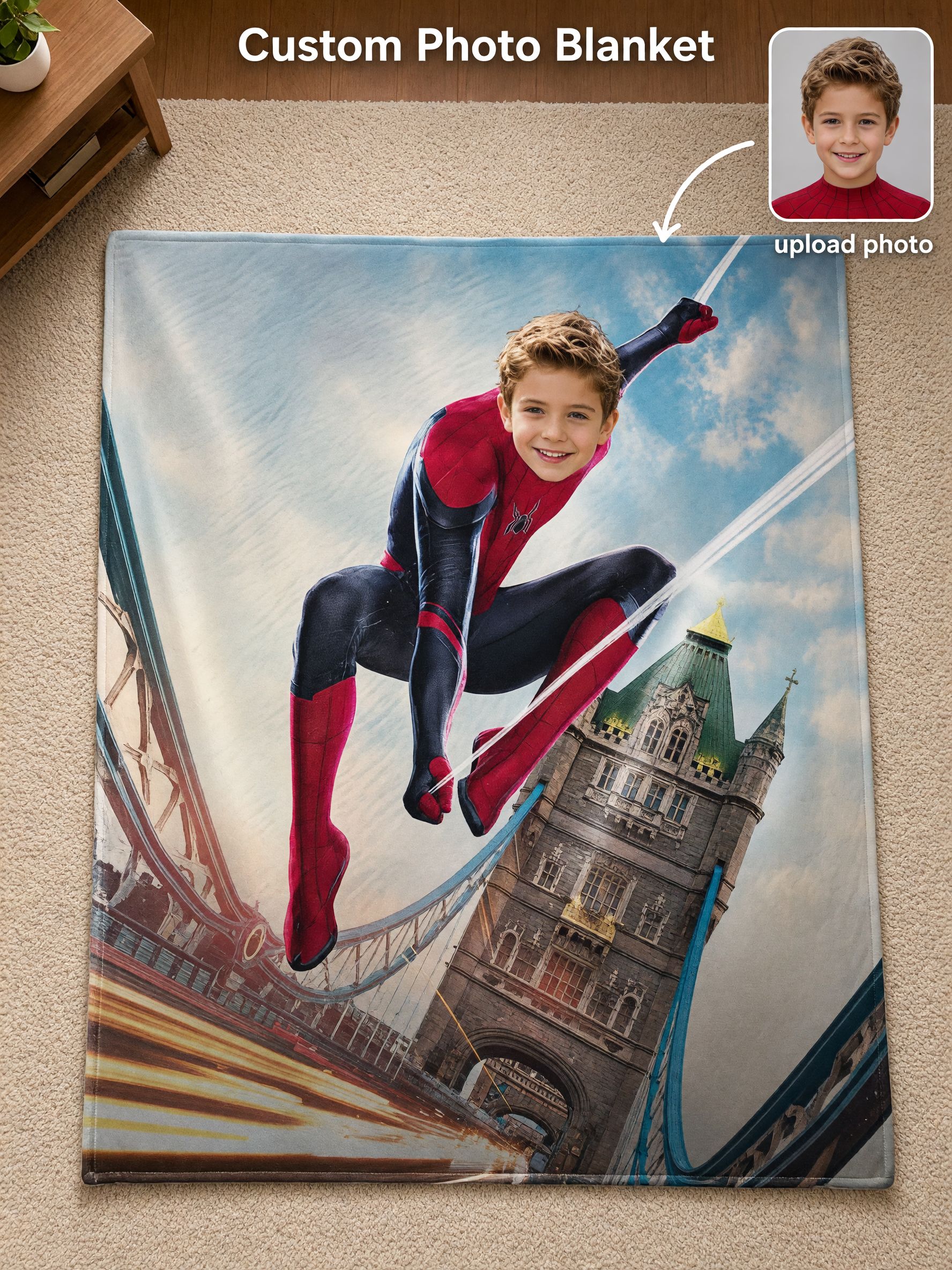 Personalized Superhero Photo Flannel Fleece Blanket Custom Face Portrait Throw for Kids Bed Couch Cozy Keepsake Gift