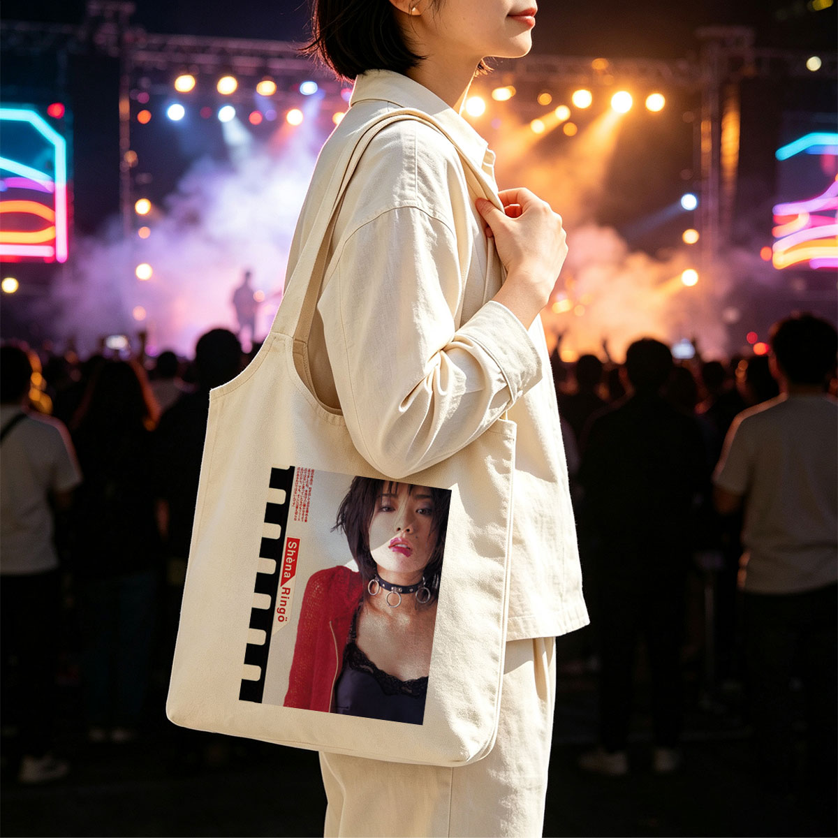 Shena Ringo in a Bold Red Cardigan and Choker Necklace with Edgy Fashion Style - Canvas shoulder bags/