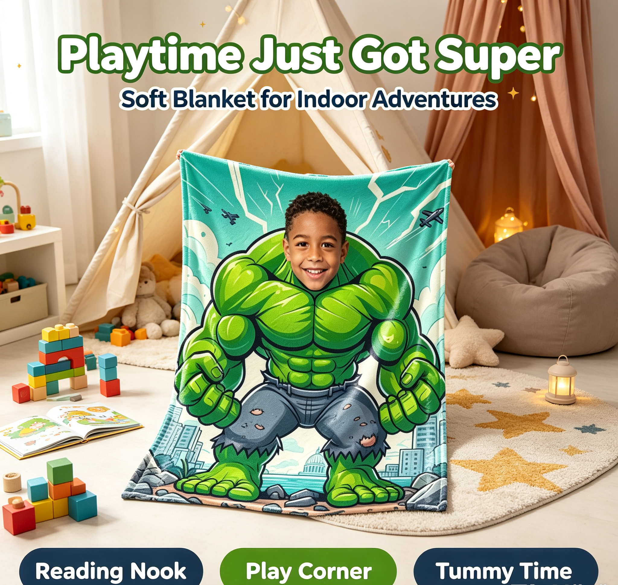Custom Hulk Blanket, Personalized Superhero Blanket For Boys, Upload Your Kid Photo, Soft 280GSM Flannel Throw Blanket, Unique Birthday Gift For Children