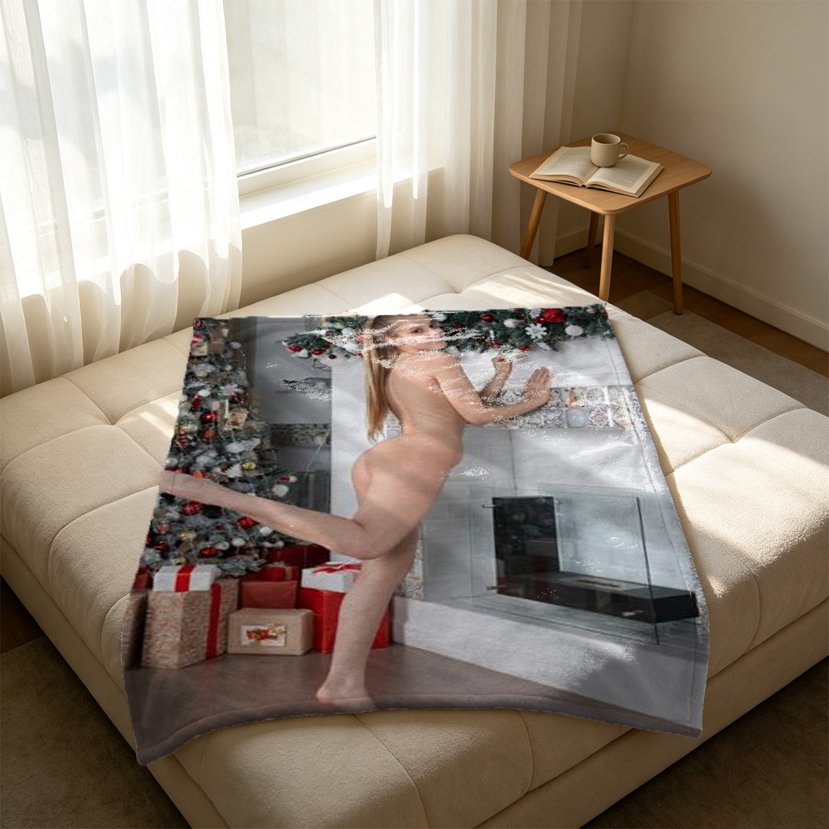 Nude Brunette Posing on Rug with Red Motorcycles - Blanket