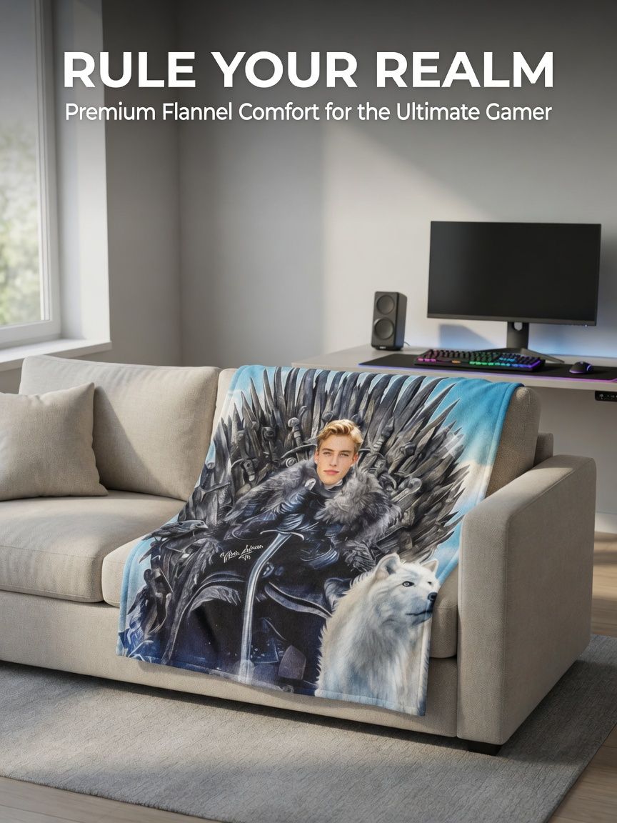 Custom Face Photo Flannel Blanket Personalized Fantasy Warrior Throne Throw Ultra Soft Anti-Pilling Cozy Gift for Couch