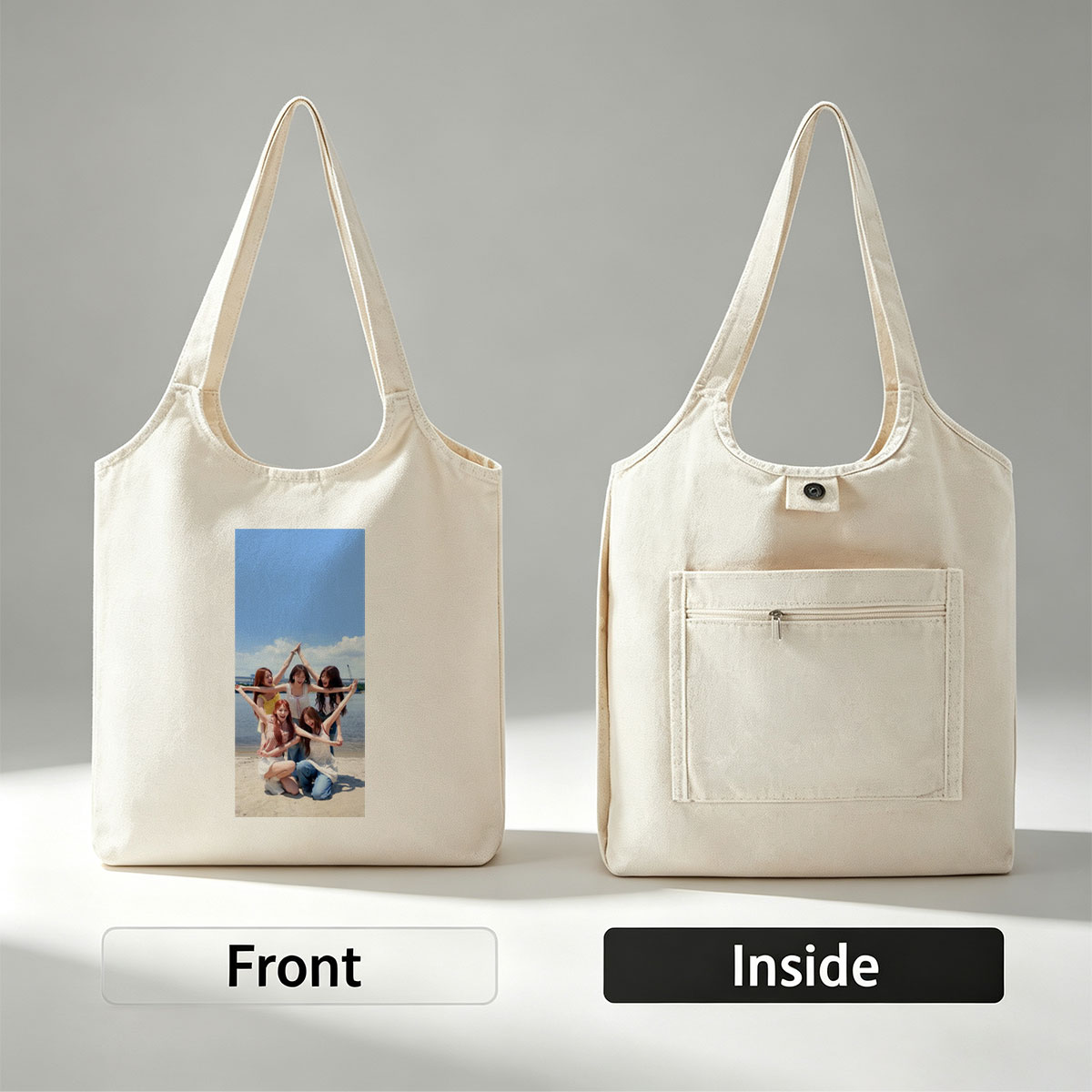 NewJeans at the Beach - Five Members Posing in a Star Shape Under Blue Sky - Canvas shoulder bags/