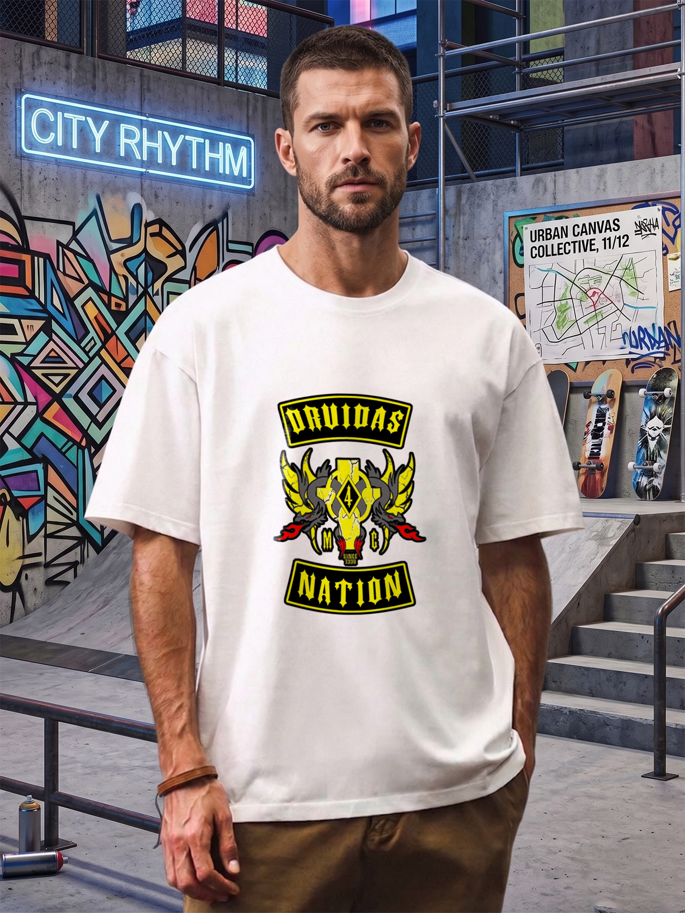 Men's Printed T-Shirt with Druidas Nation Logo and Dragon Wings Design, Casual Round Neck Summer Lightweight Breathable Short Sleeve T-Shirt for Biker Enthusiasts and Streetwear Fans