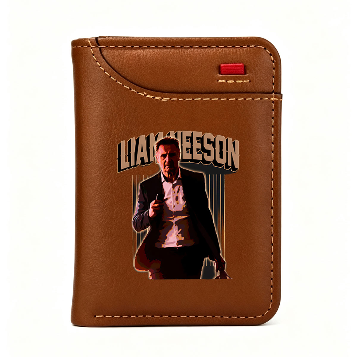 Liam Neeson in a dramatic pose, holding a phone, with bold text above him. - Vertical Style Wallet