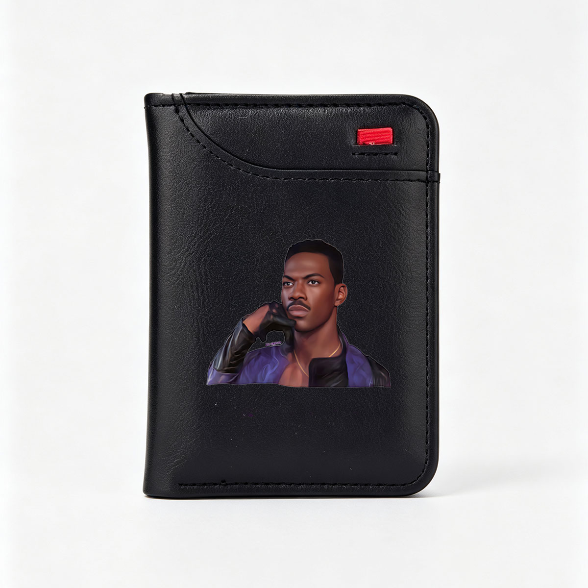Chris Rock as a stylized character in a purple jacket, wearing gloves and a gold chain, with a confident pose. - Vertical Style Wallet