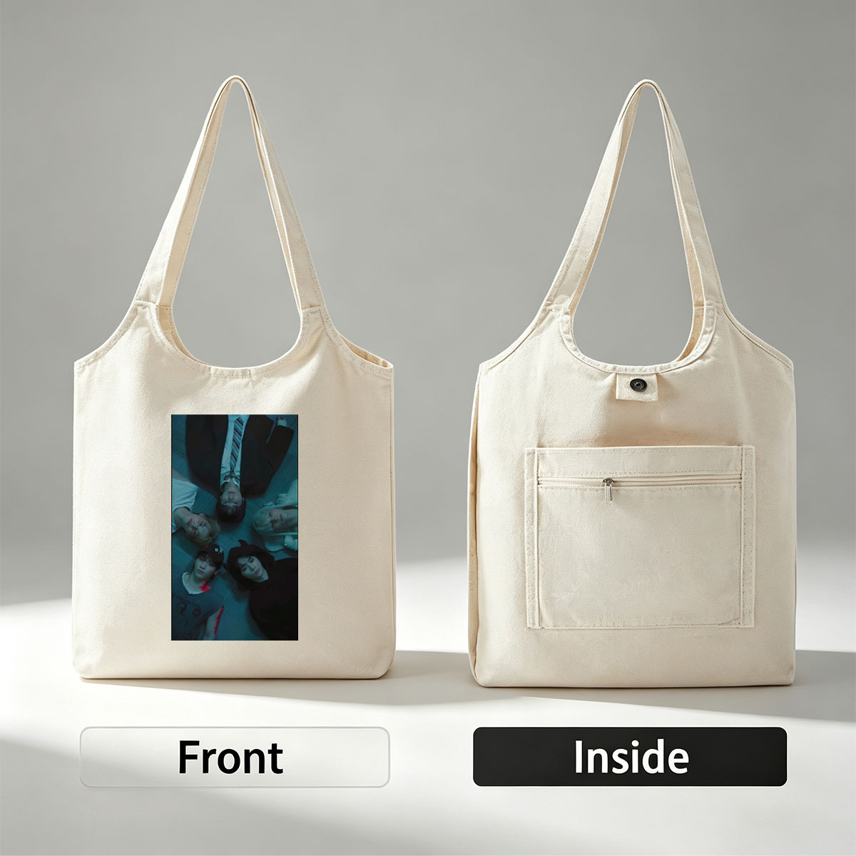 TXT Members Lying in a Circle on the Floor in Moody Blue Lighting - Canvas shoulder bags/