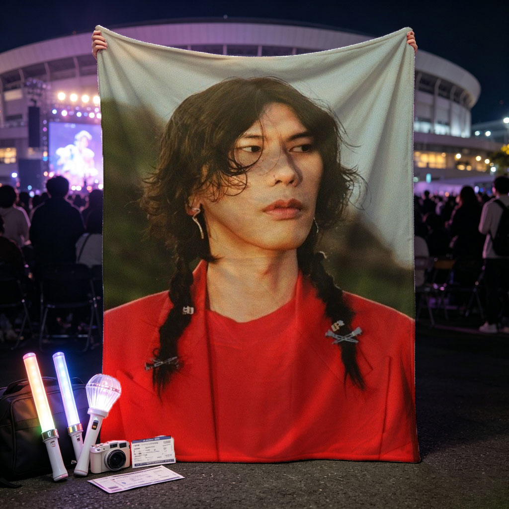 Miyavi in a Bold Red Outfit with Braided Hair and Crossed Pins, Standing Against a Natural Backdrop - Blankets