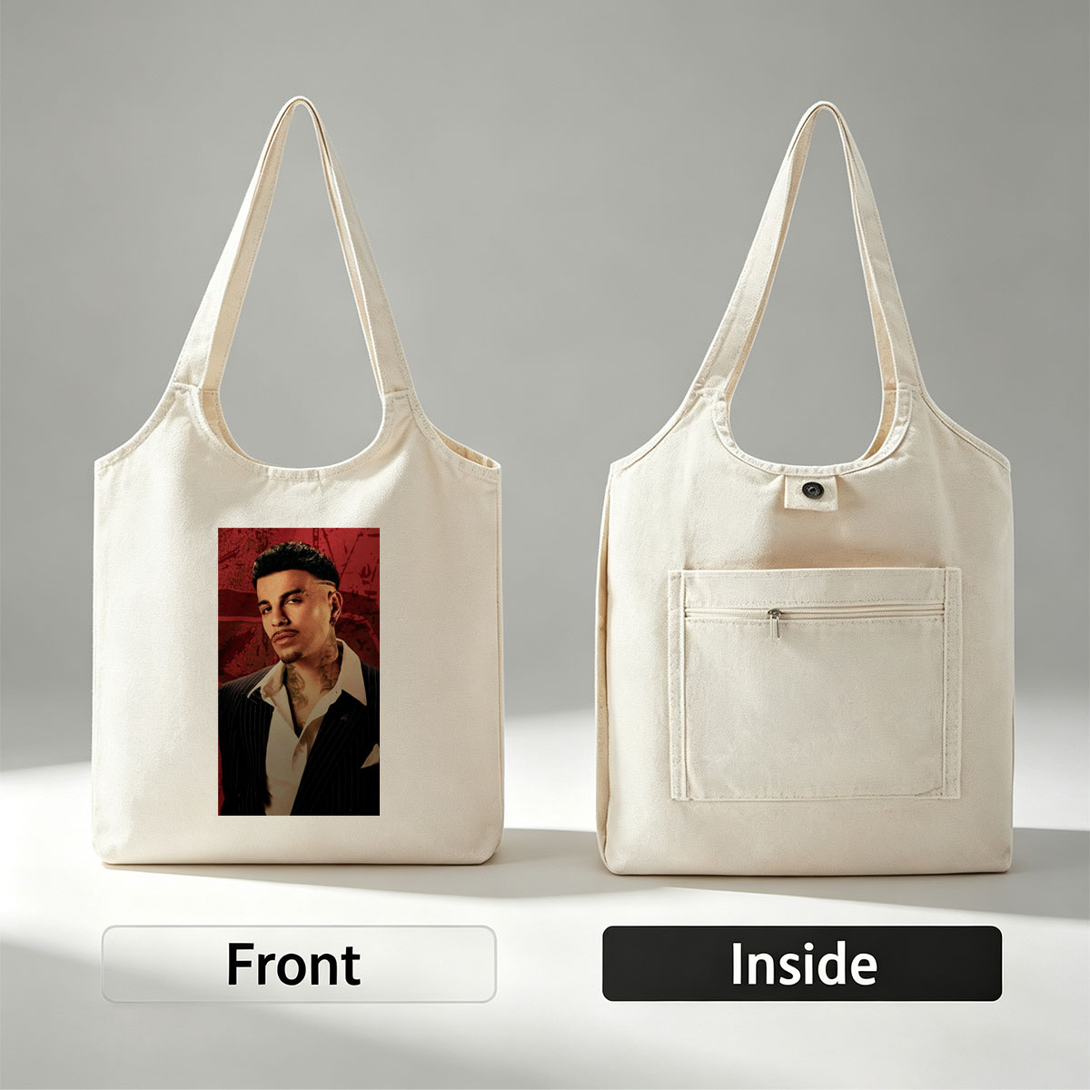 Bad Bunny in a Sharp Suit with Visible Neck Tattoos Against a Red Grunge Background - Canvas shoulder bags/