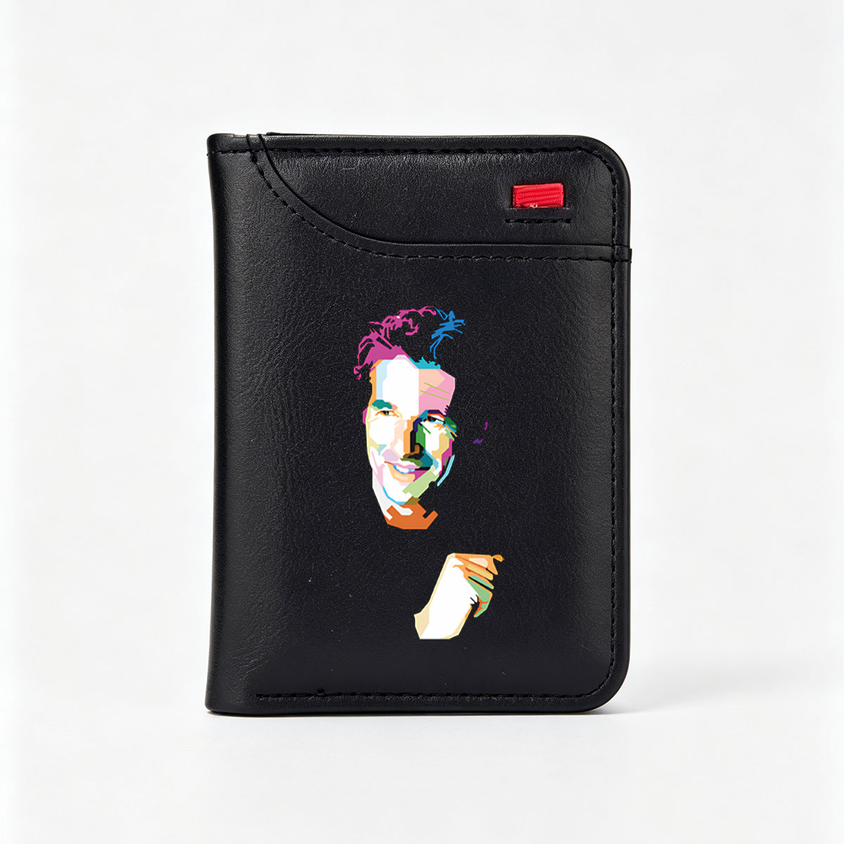 Colorful Abstract Portrait of a Smiling Man with Vibrant Hair and Hand Gesture - Vertical Style Wallet