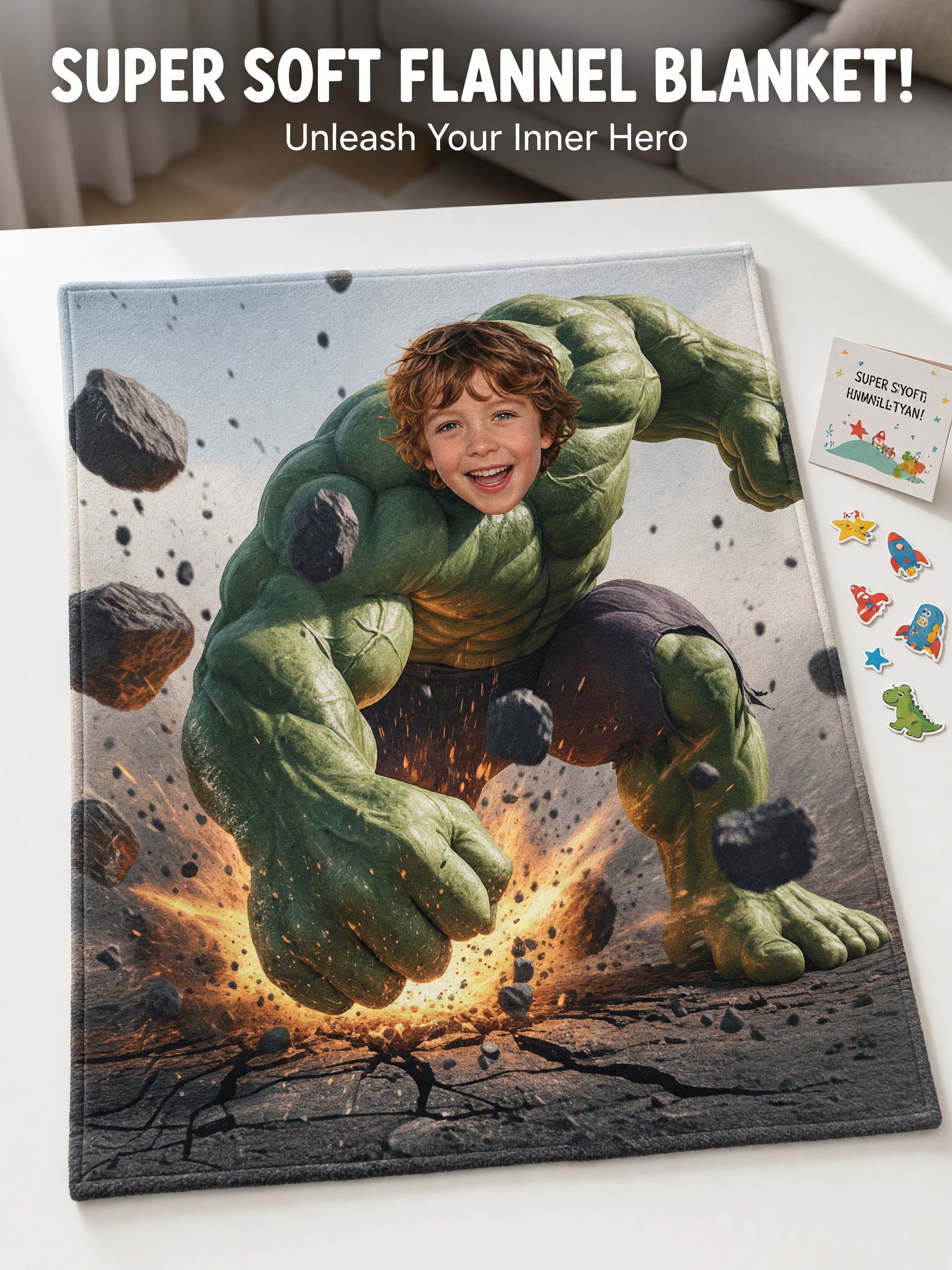 Custom Face Superhero Flannel Blanket Ultra Soft Cozy Smash Throw Personalized Photo Gift for Kids and Family
