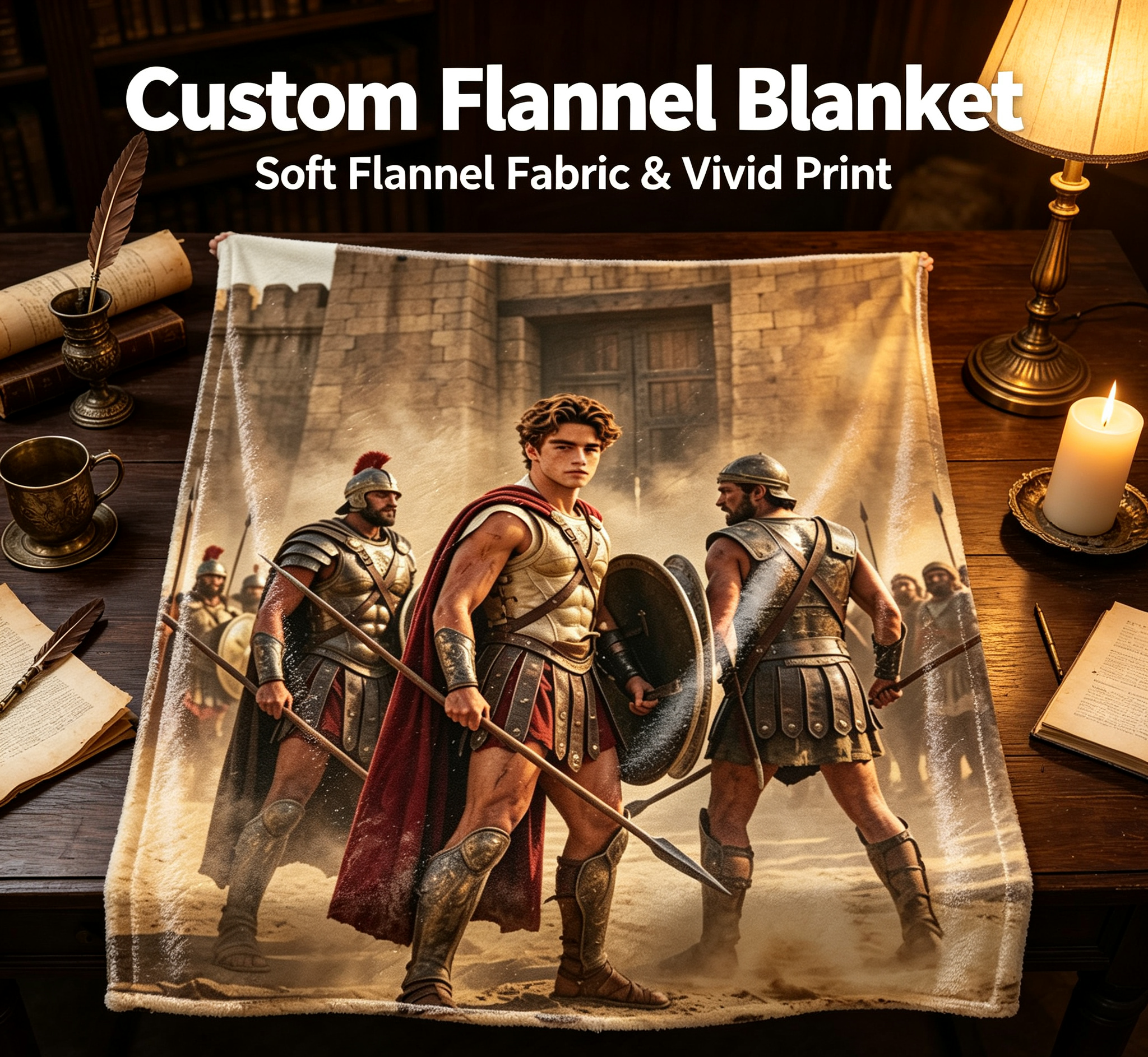 Custom Face Blanket Ancient Warrior Soldier Flannel Blanket for Couch, Bed, or Travel – Perfect Gift for History Enthusiasts and Fans of Epic Battles