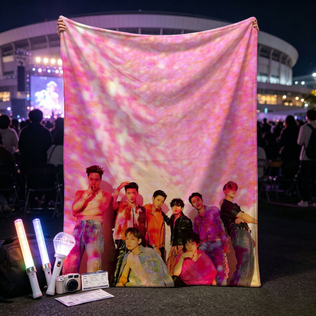 SEVENTEEN in a vibrant pink-lit scene with dynamic poses and colorful outfits - Blankets