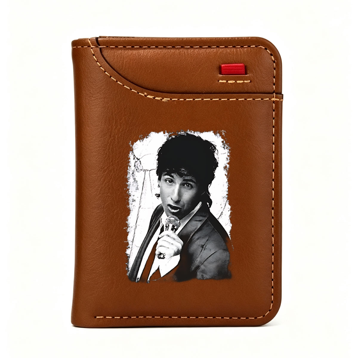 Adam Sandler performing with a microphone, black and white portrait - Vertical Style Wallet