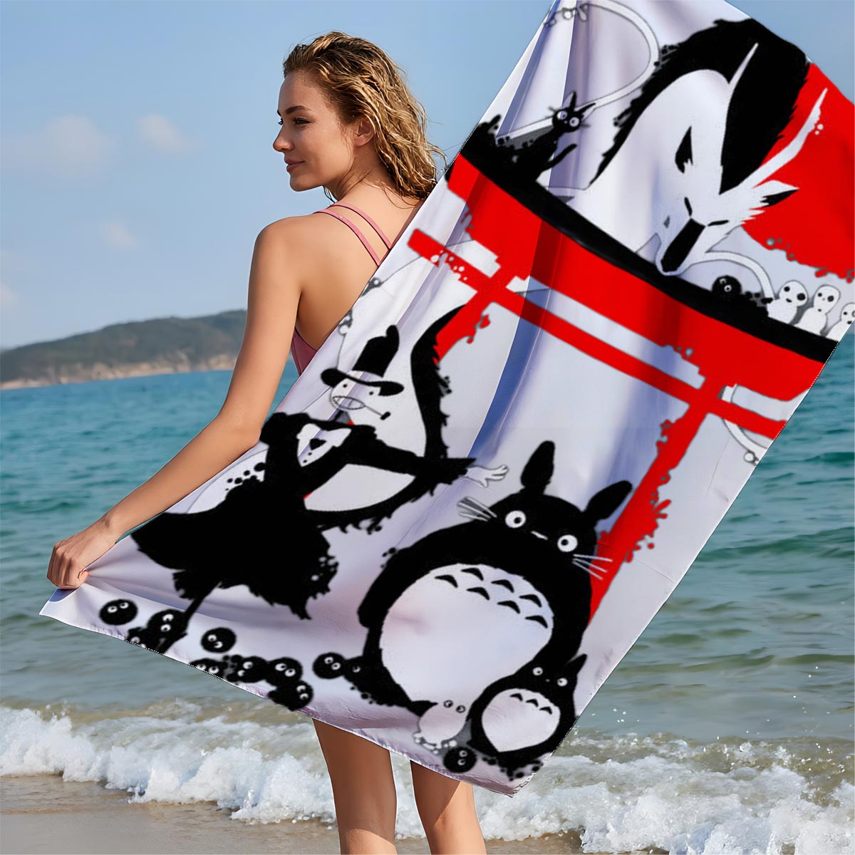 Totoro, No-Face, and Spirited Away Characters in a Japanese Shrine Scene - Beach towels