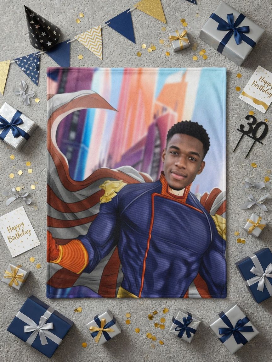 Custom Photo Superhero Flannel Fleece Blanket Personalized Face Portrait Throw Lightweight Soft Cozy Bed Couch Gift