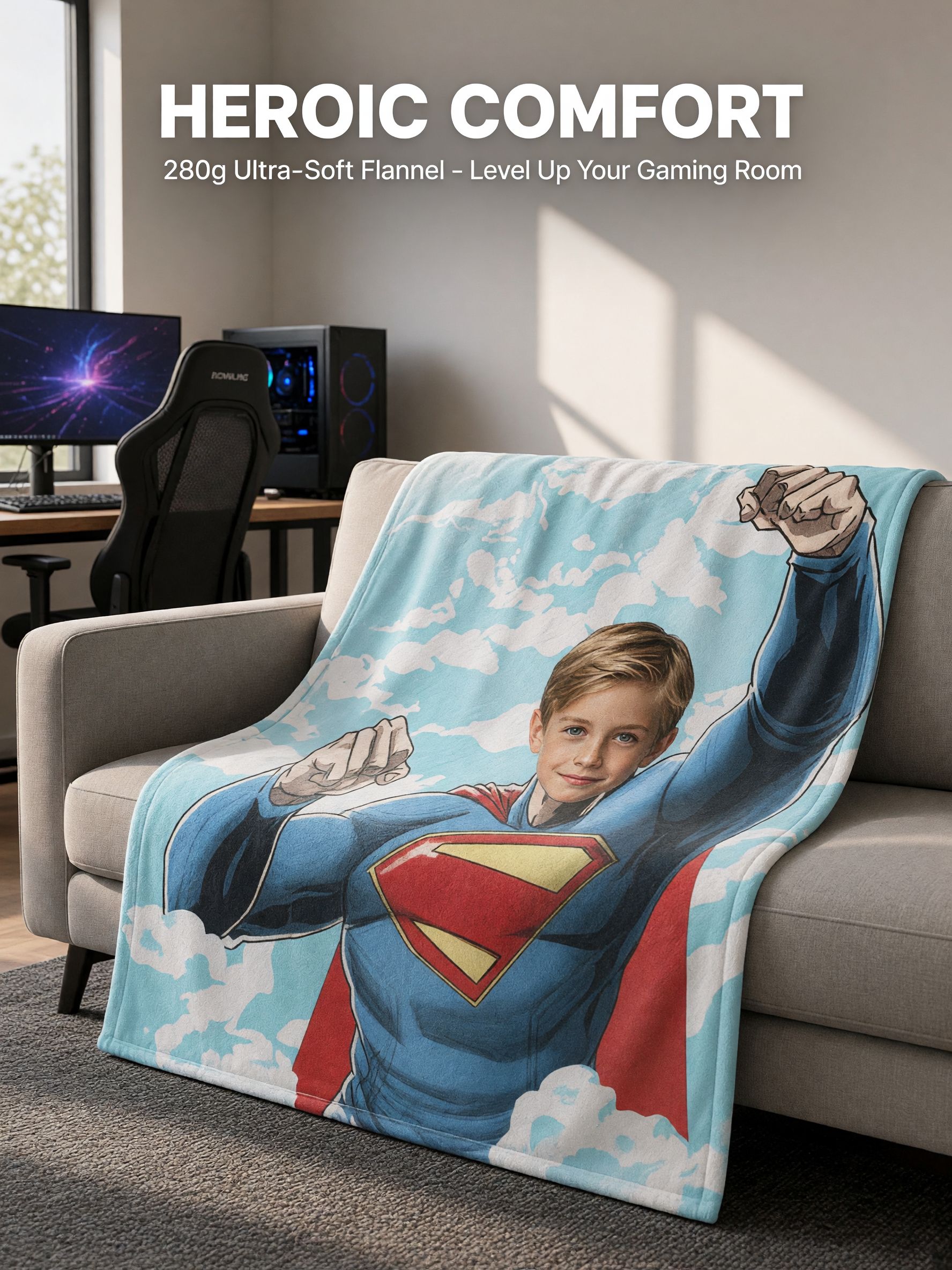 Custom Superhero Photo Face Blanket, Personalized Ultra-Soft Flannel Fleece Throw for Bed Couch Cozy Gift