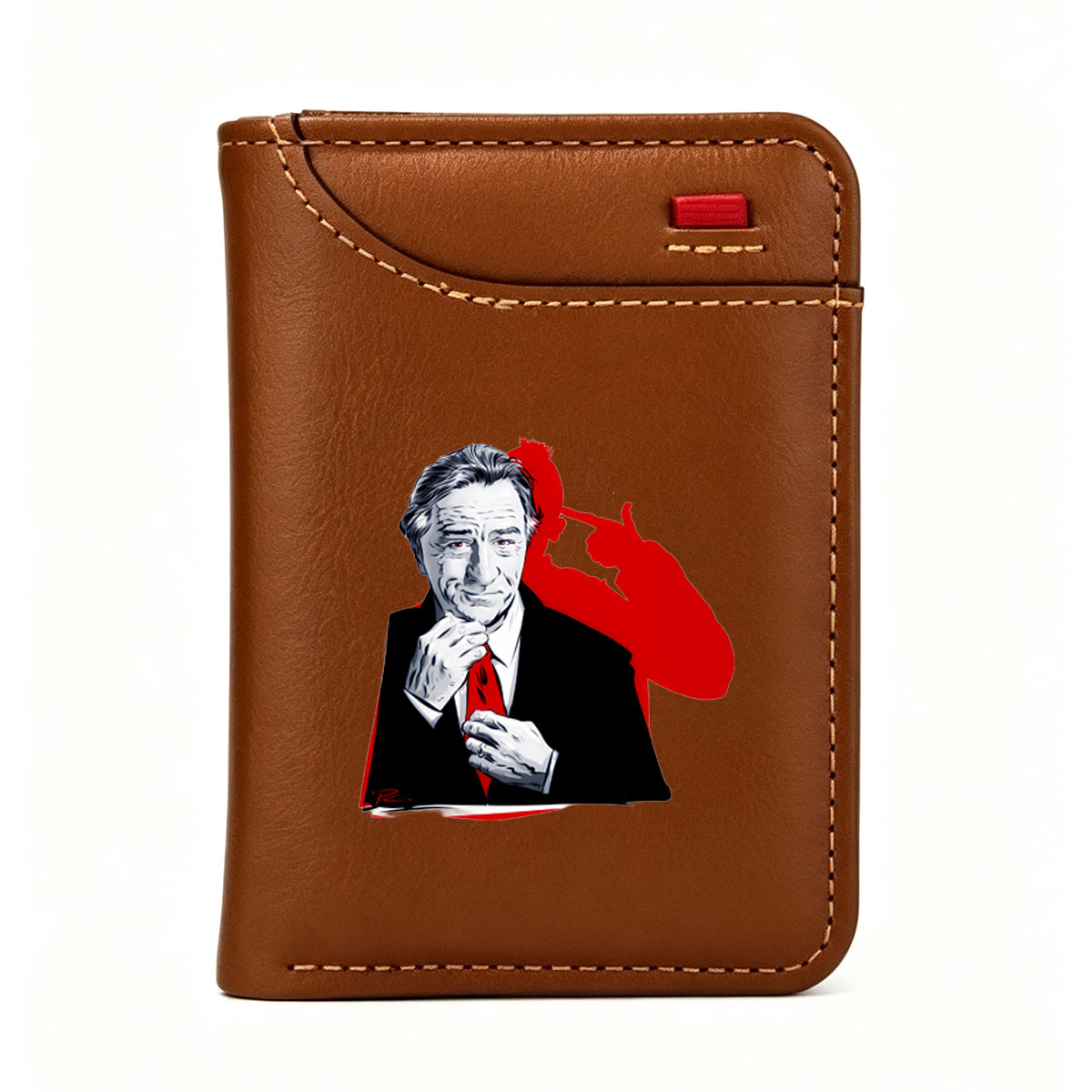 Robert De Niro as a suave gentleman adjusting his red tie, with a bold red silhouette in the background. - Vertical Style Wallet