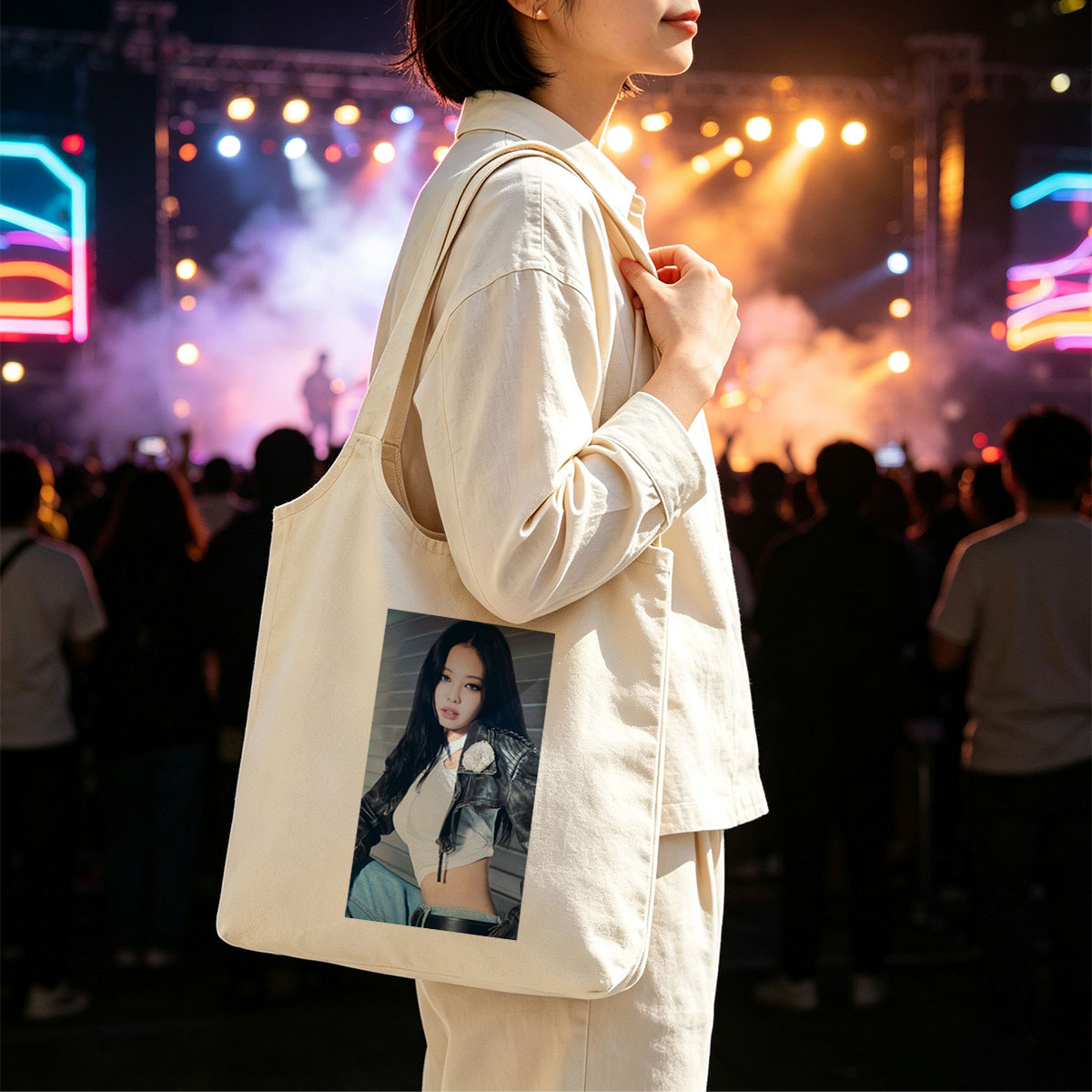Jennie Kim in a Stylish Leather Jacket and Crop Top Pose - Canvas shoulder bags/
