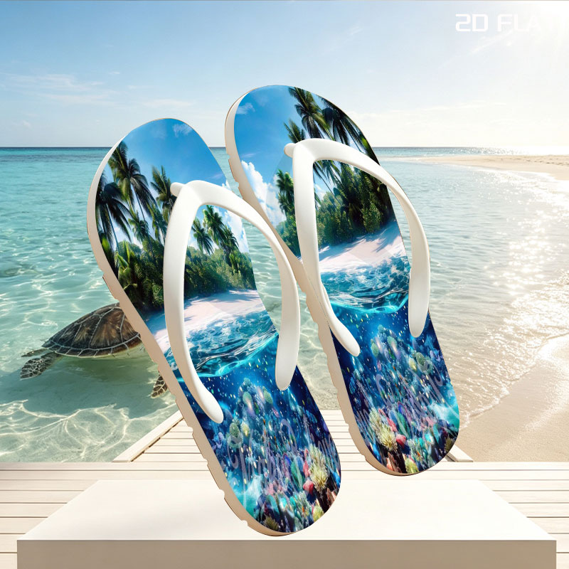 Tropical Paradise with Vibrant Coral Reef and Palm Trees -  flip-flops