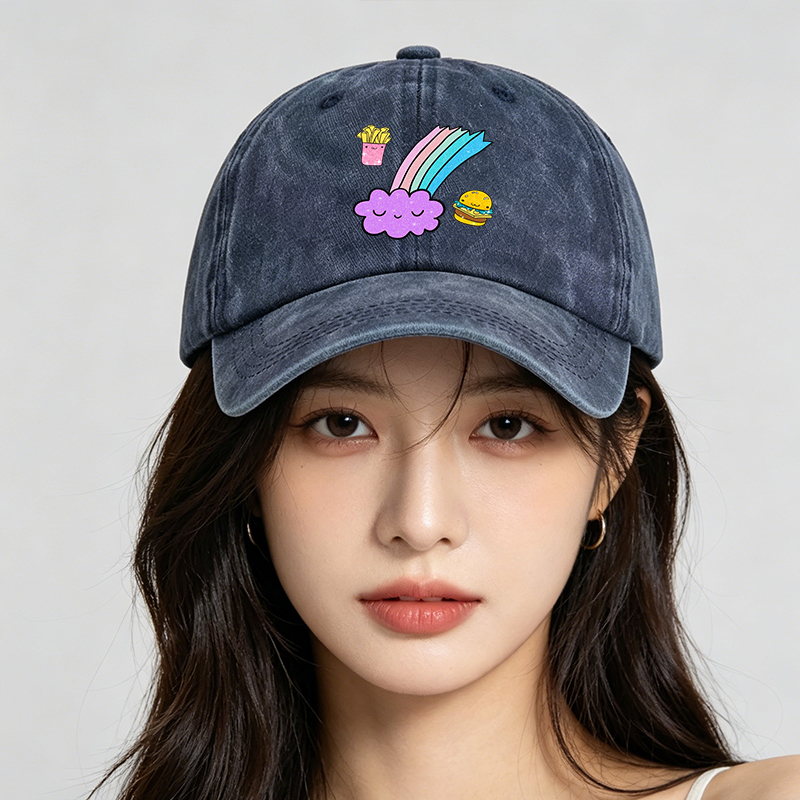 Men's Printed Washed Cap with Cute Rainbow Cloud, Fries and Burger Design - Casual Round Brim Summer Lightweight Hat for Outdoor Activities, Travel, and Daily Wear - Ideal for Young Adults and Trendy Urban Style Lovers
