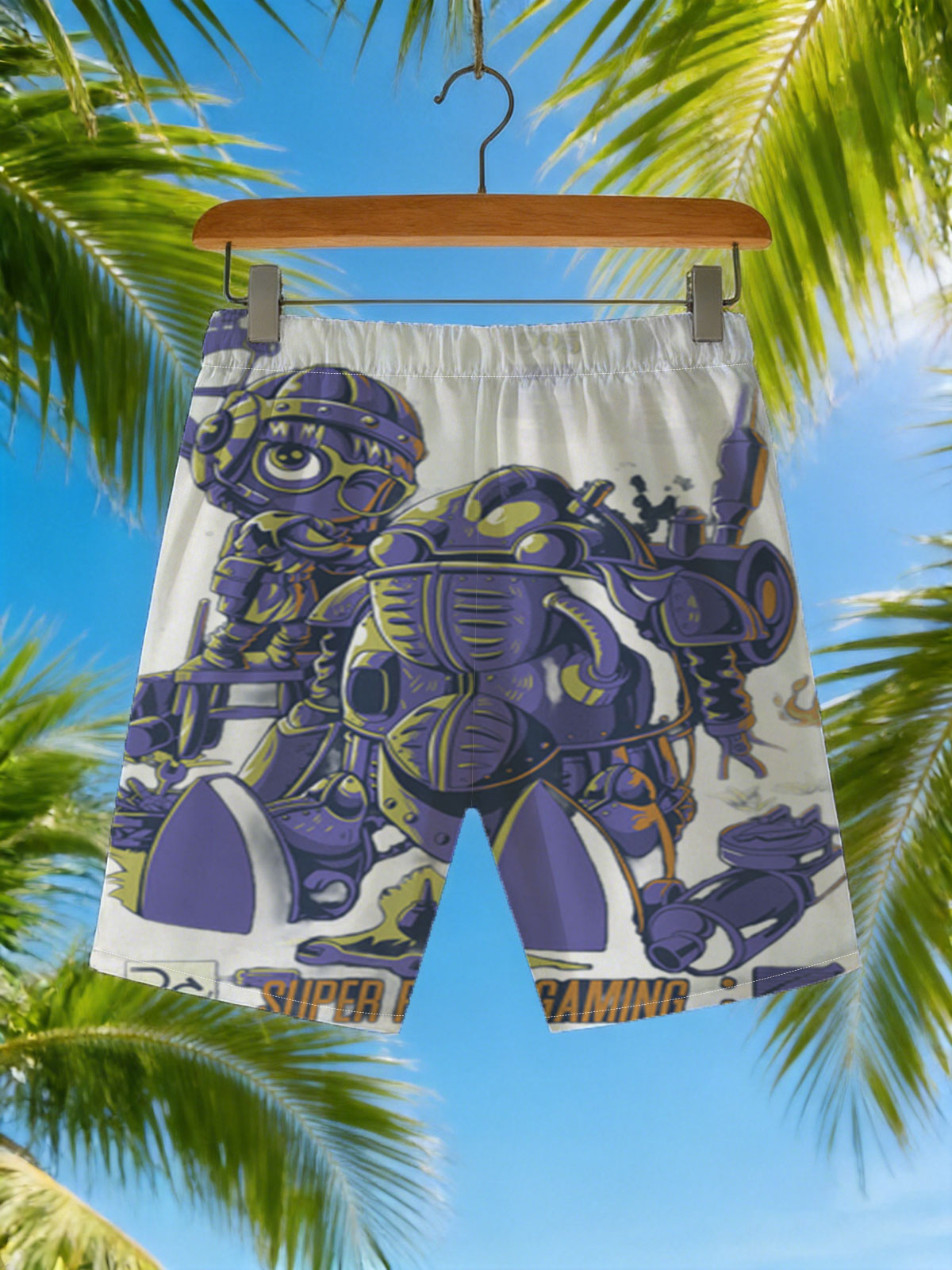 Super Retro Gaming: Robo Warrior and Mech Pilot in Purple Armor, Since 1995, SquareGames, RC Art -  Beach shorts