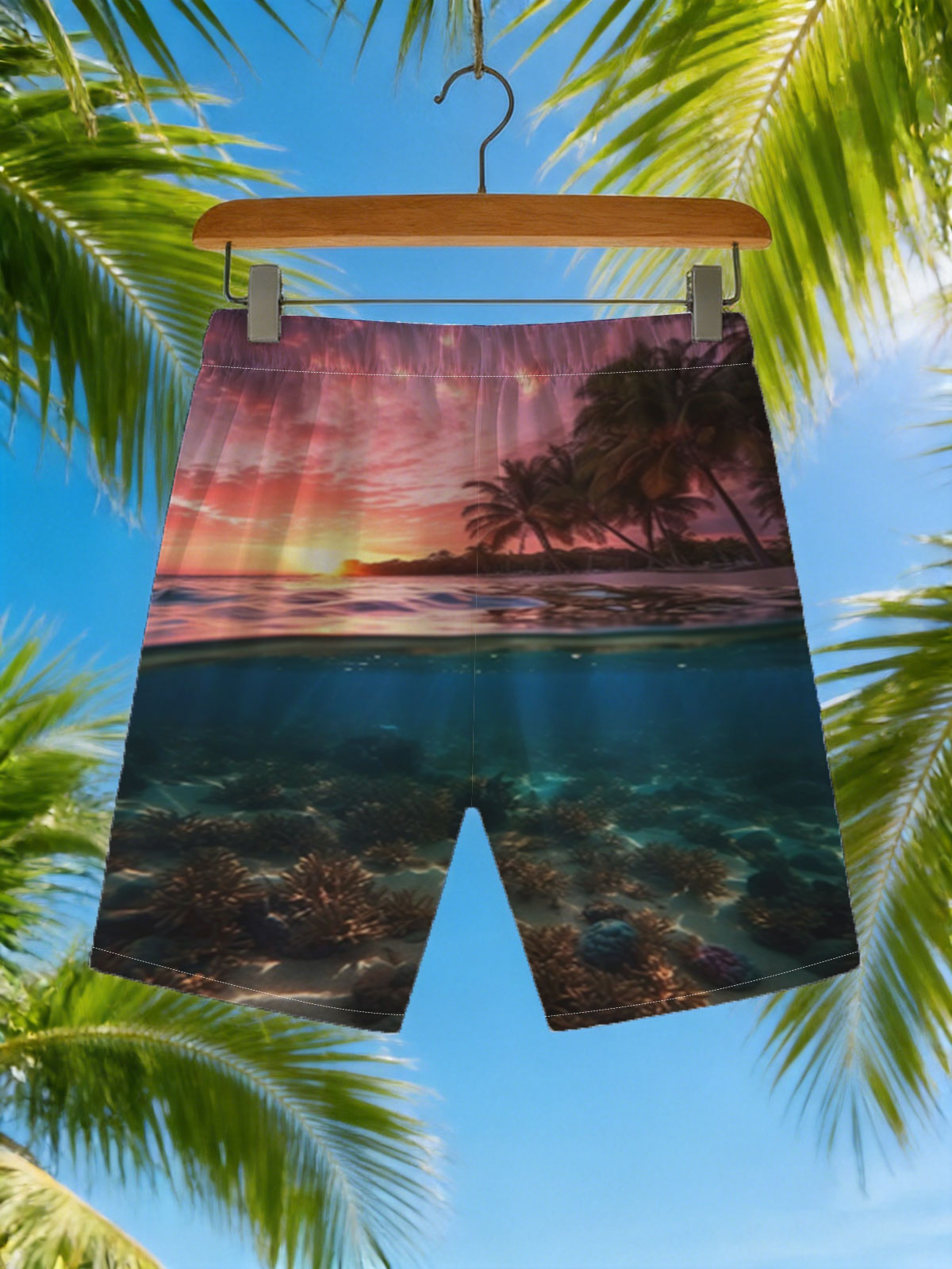 Sunset over tropical beach with underwater coral reef -  Beach shorts