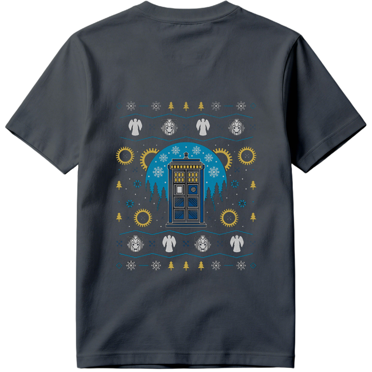 Doctor Who Christmas Sweater Design Featuring TARDIS, Weeping Angels, and Cybermen - Tee