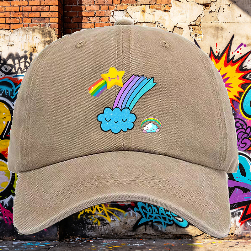 Men's Printed Washed Cap with Rainbow Star Cloud Design Casual Round Brim Lightweight Summer Hat for Outdoor Activities and Daily Wear, Perfect for Young Adults and Trendy Urban Style Lovers