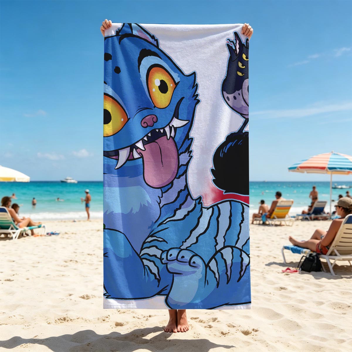 Blue Cat with Cactus and Bird on Head - Beach towels