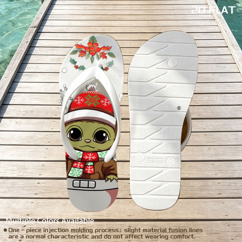 Baby Yoda in Christmas Hat and Scarf, Surrounded by Holiday Decorations -  flip-flops
